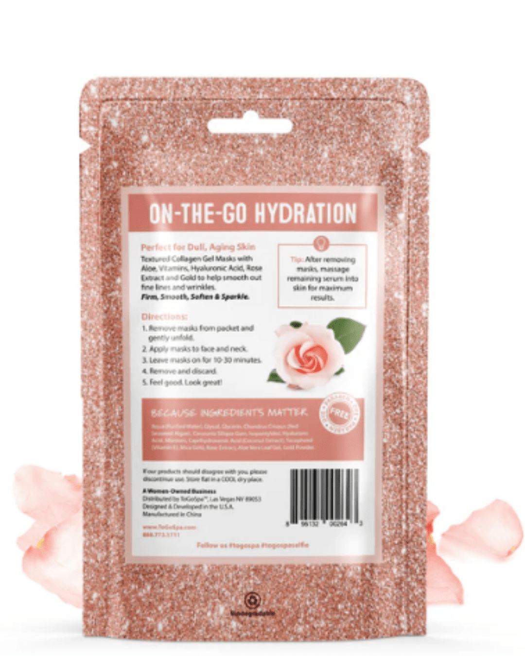 Back of To Go Spa Face & Neck Collagen Hydrogel Express Mask packaging on a white surface with pink rose petals behind it.