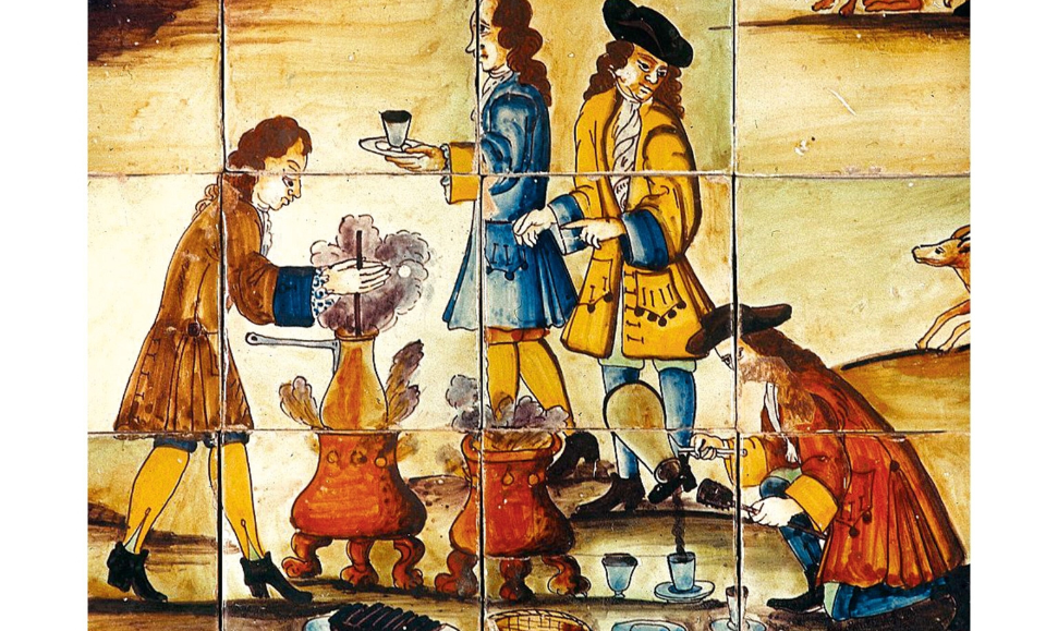Spanish, ceramic tiles, The laborious process of making chocolate.