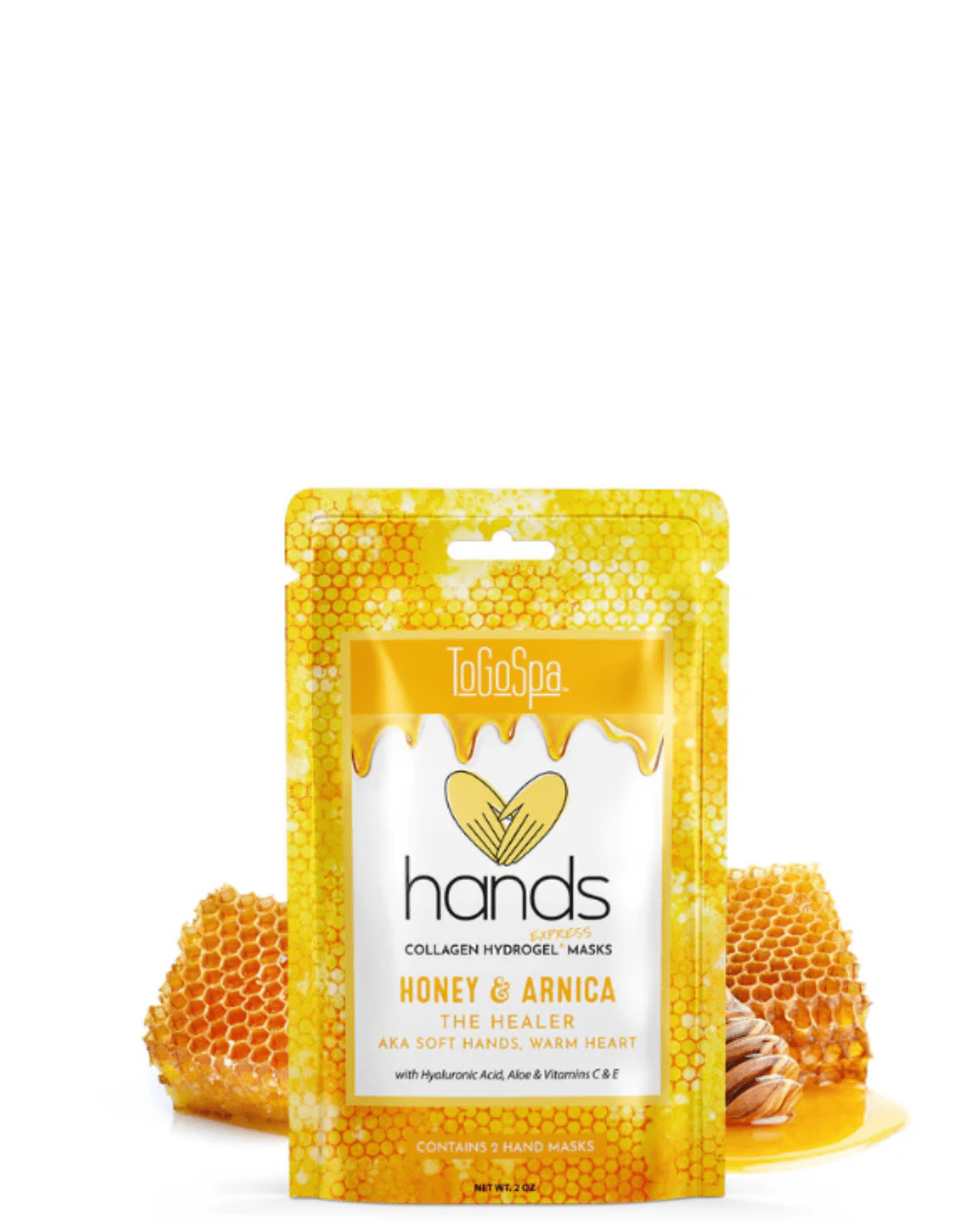To Go Spa Honey + Arnica HANDS package with honeycomb, honey dipper, and honey drizzle on white background.