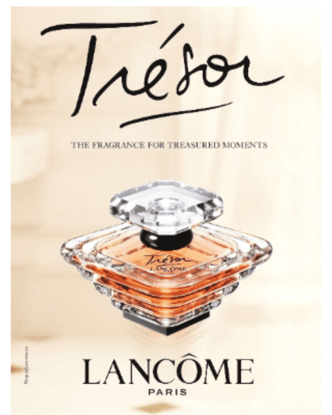 Trésor Eau de Parfum by LANCÔME on white background with text "the fragrance for treasured moments", showcasing this iconic peach perfume.