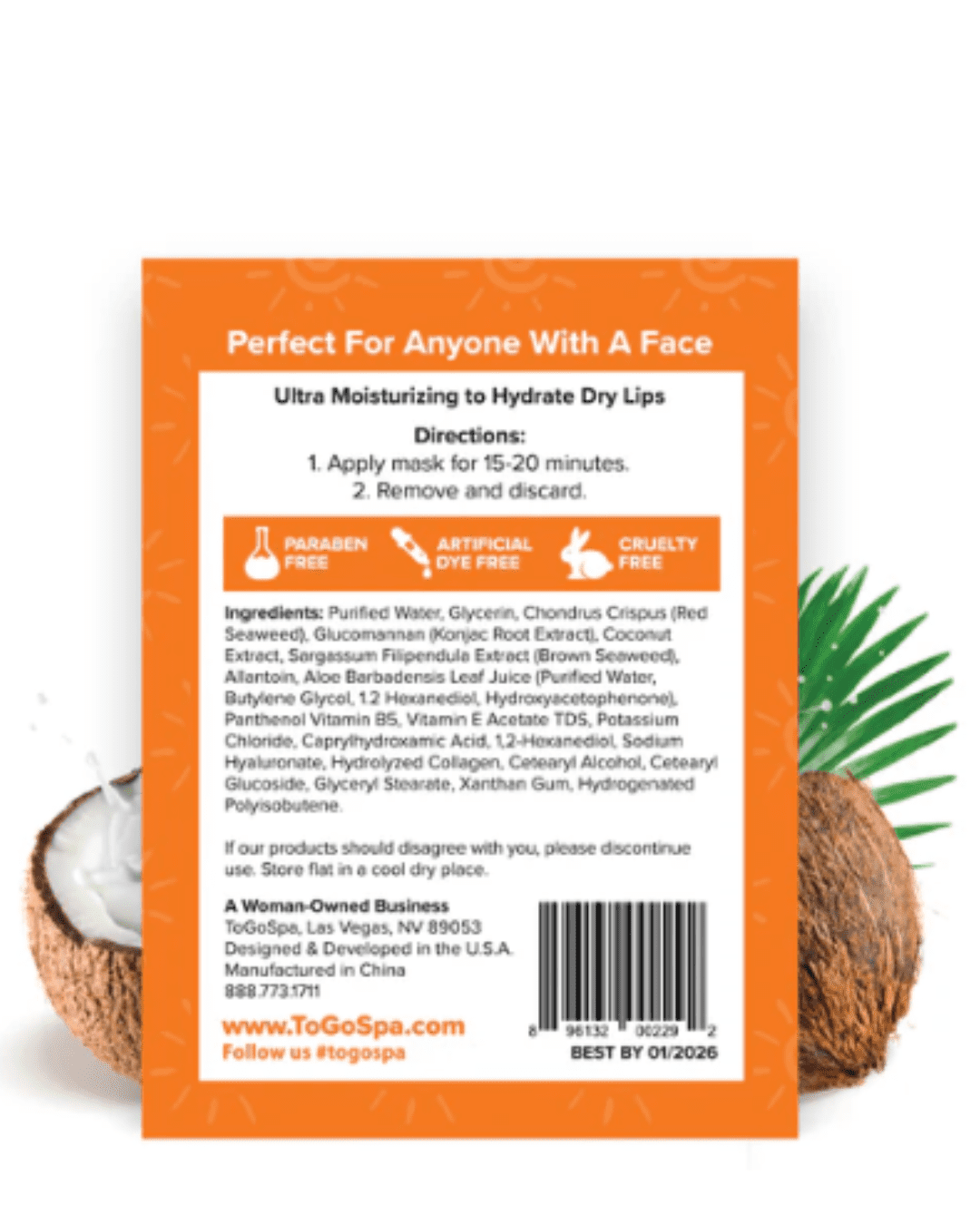 Back of the To Go Spa Coconut LIPS The Lip Drench packaging on a white flat surface, with a half a coconut, a whole coconut, and a spikey green plant behind it.