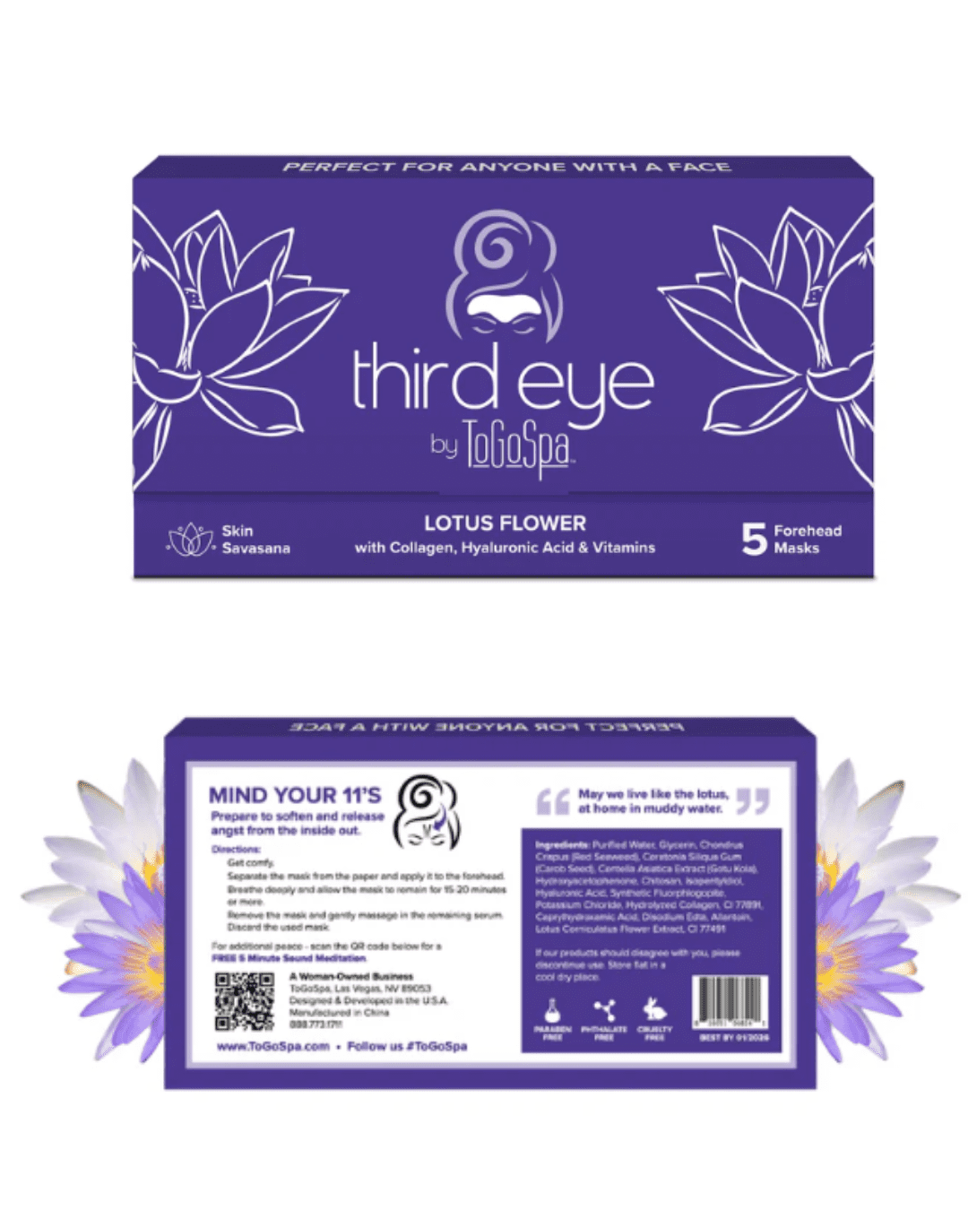 To Go Spa Lotus Flower Third Eye Mask packaging, purple with lotus flowers and illustration of woman wearing forehead mask, front and back design shown.