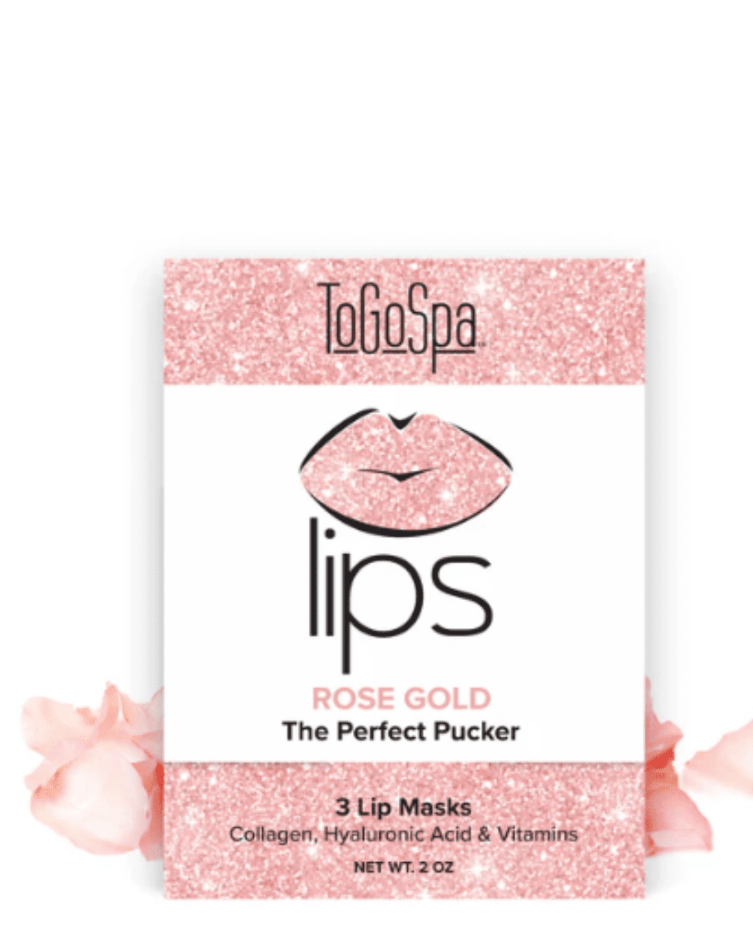 To Go Spa Rose Gold LIPS The Perfect Pucker packaging with pink glitter lips and rose petals on a white background.