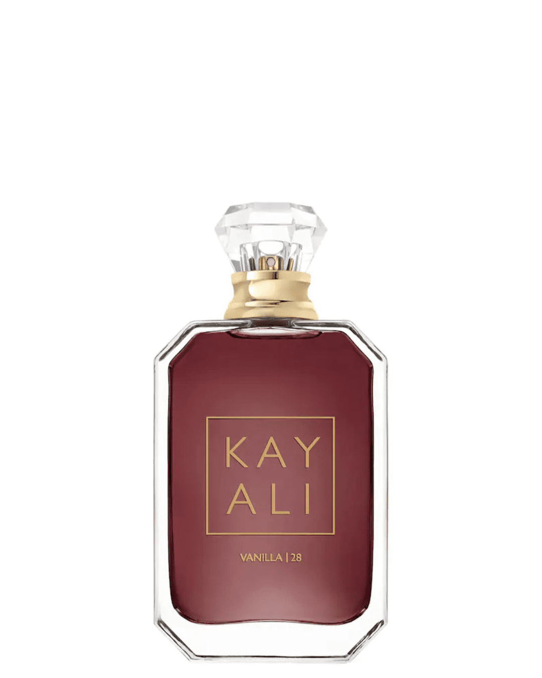 Kayali Vanilla 28 perfume bottle against a white backdrop, a warm and sweet fragrance ideal for layering with ice cream perfumes.
