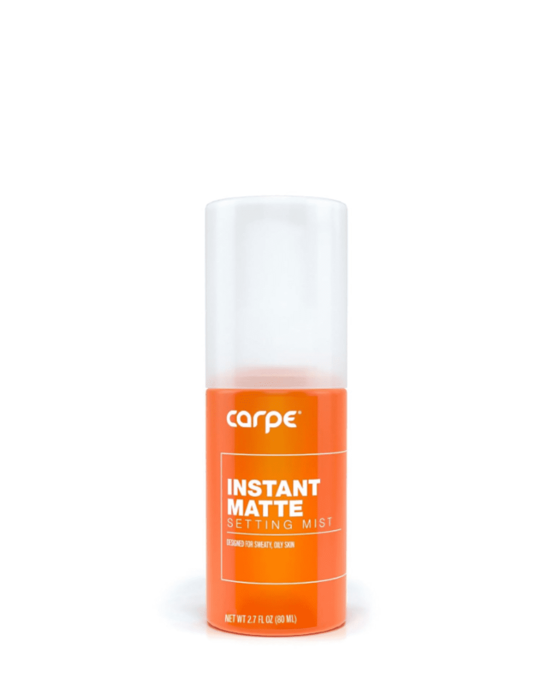 Carpe Instant Matte Setting Mist standing on white surface with a white background, showing full product bottle and design.