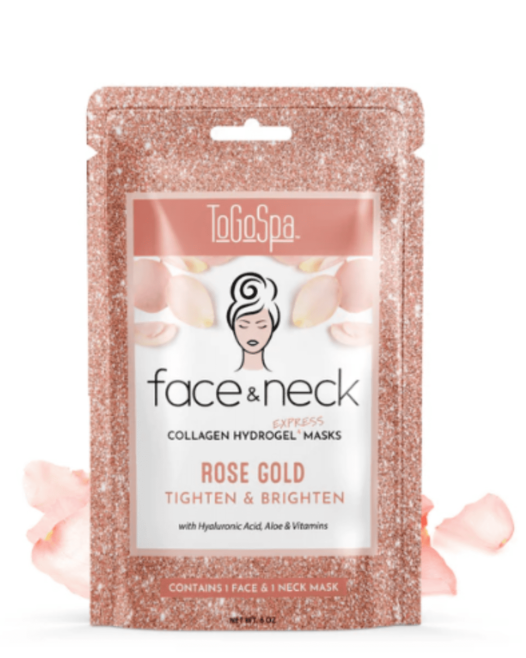 To Go Spa Face & Neck Collagen Hydrogel Express Mask packaging in pink with glitter, surrounded by pink rose petals on a white surface and background.