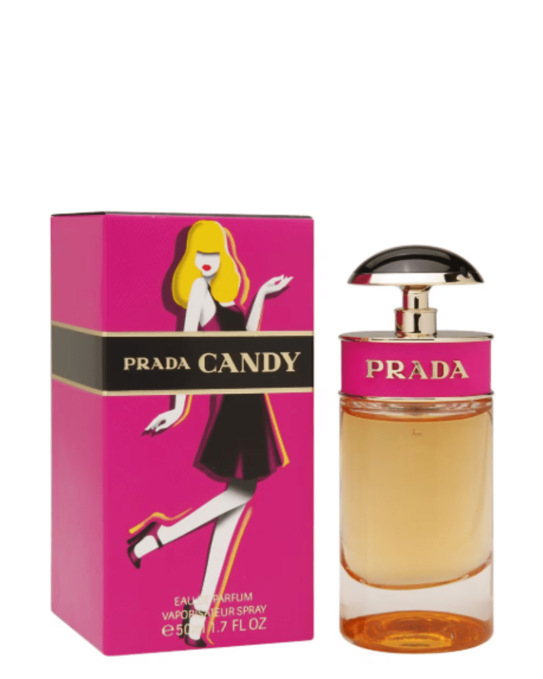 Candy Eau de Parfum by Prada perfume bottle next to pink packaging featuring a blonde woman in a black dress, with bold black branding.