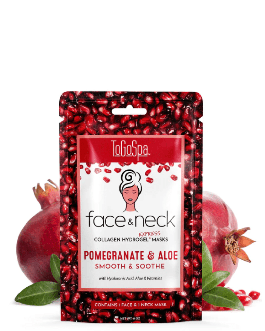 To Go Spa Face & Neck Collagen Hydrogel Express Mask in Pomegranate & Aloe, front packaging with pomegranate seeds on it, displayed on a white flat surface with two pomegranates behind it.