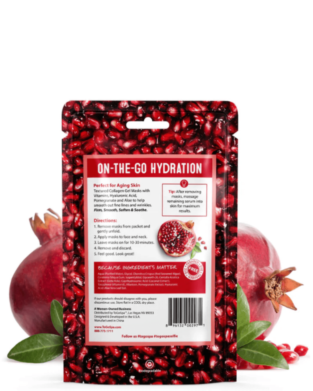 Back of To Go Spa Face & Neck Collagen Hydrogel Express Mask in Pomegranate & Aloe, on a white flat surface with two pomegranates behind it.