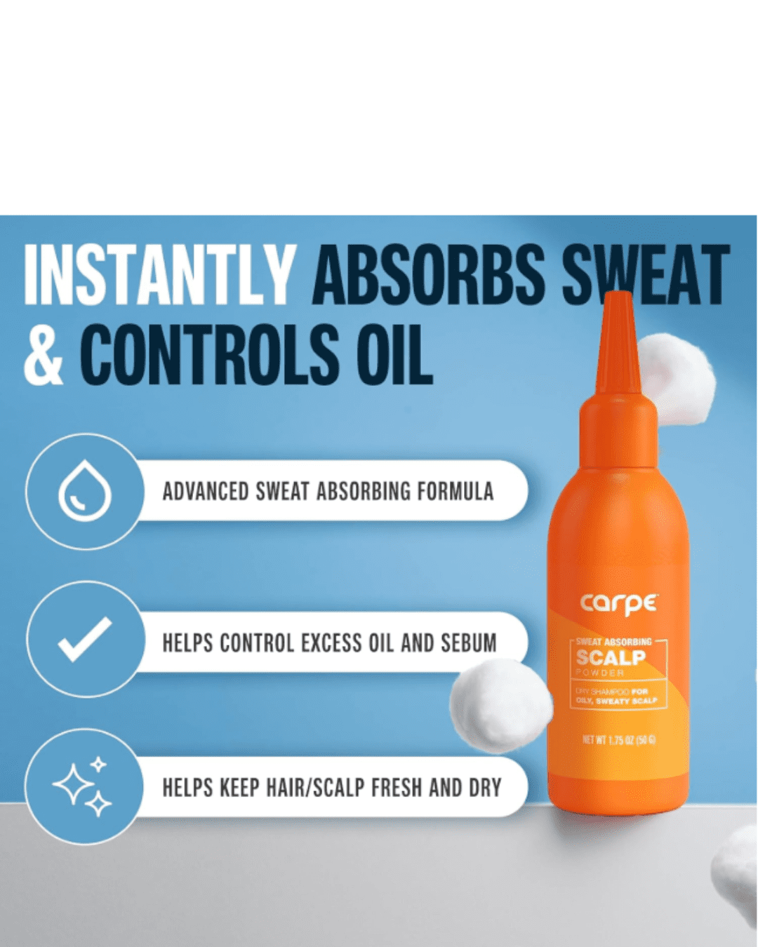 Carpe Sweat Absorbing Scalp Powder bottle on a blue background with cotton balls in the air; text emphasizes instant sweat absorption, oil control, and keeping hair and scalp fresh and dry.