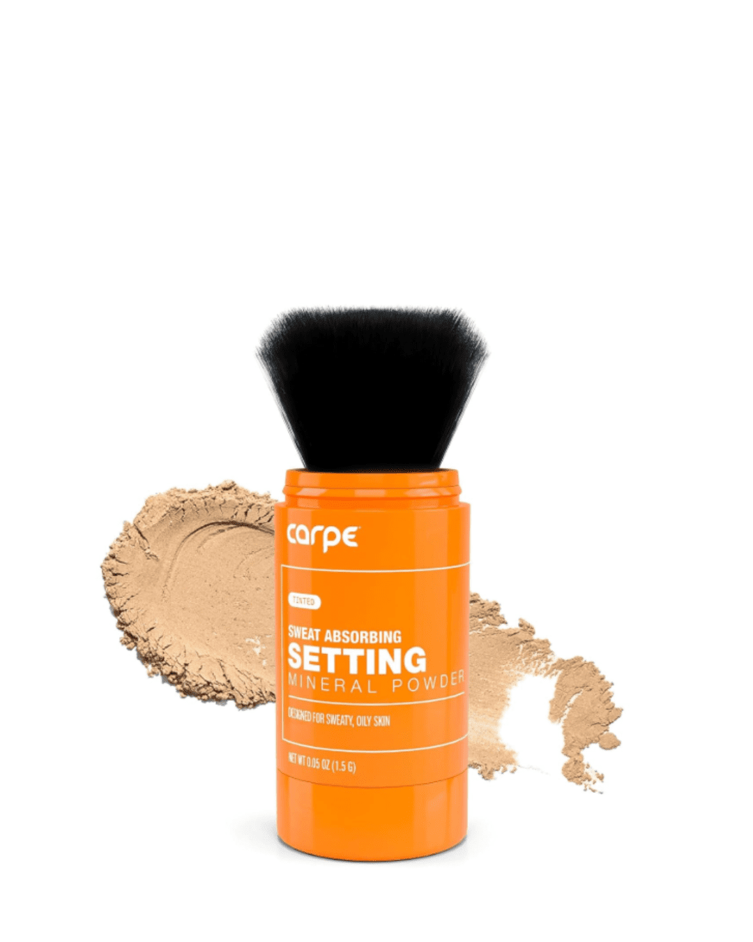 Carpe Sweat Absorbing Mineral Setting Powder on white background with a swatch of the powder behind it, showing texture and soft matte finish.