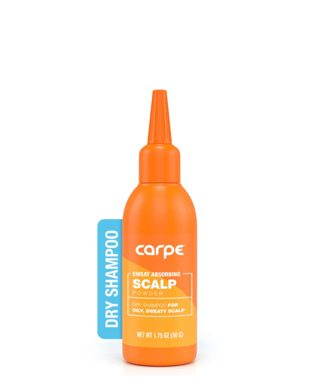 Carpe Sweat Absorbing Scalp Powder standing upright on a white background and flat surface.