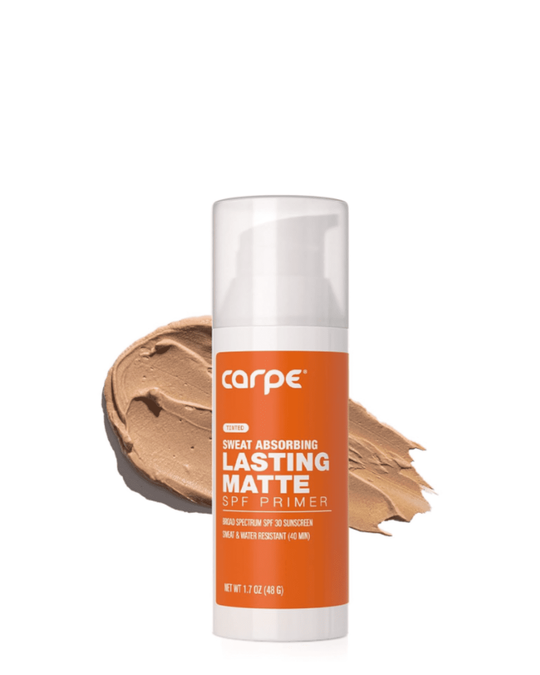 Carpe Sweat Absorbing Lasting Matte SPF Primer on a white background with a swatch of light-tinted primer behind it.