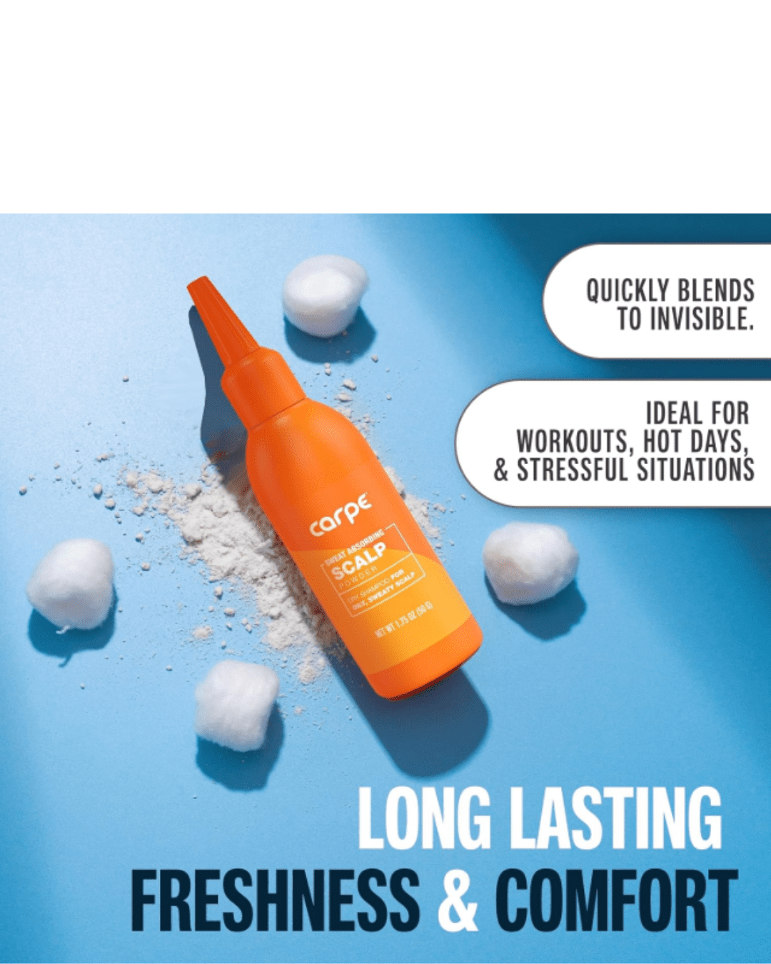 Carpe Sweat Absorbing Scalp Powder laying on a blue surface with scattered powder and cotton balls, text highlights long-lasting freshness and quick invisibility, ideal for workouts and hot days.