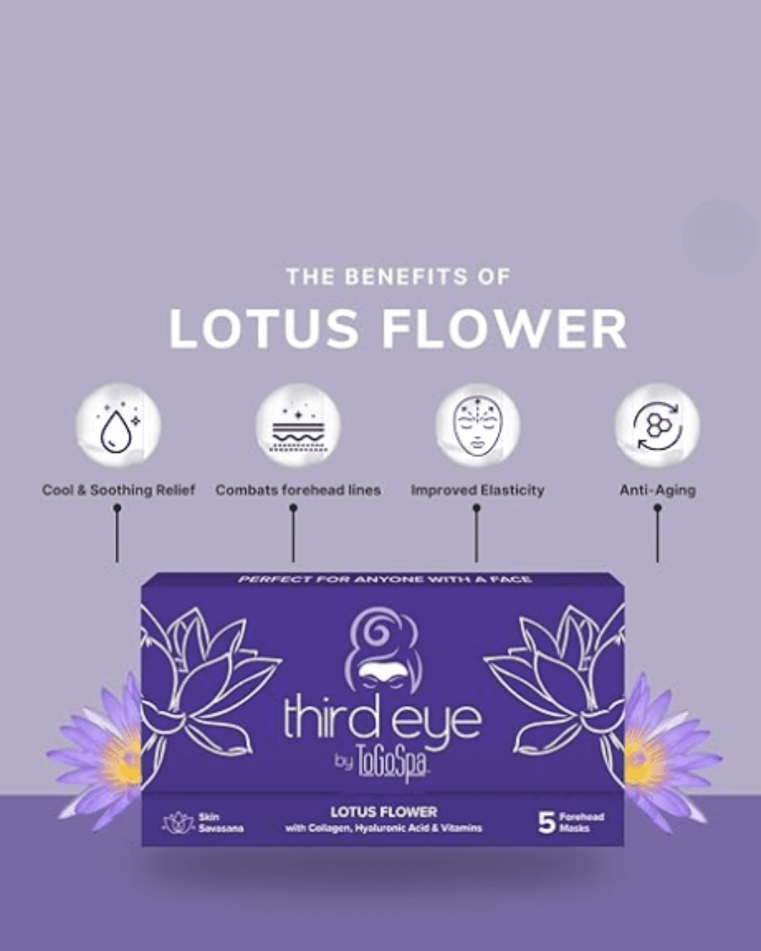 To Go Spa Lotus Flower Third Eye Mask benefits displayed on light purple background with product and lotus flowers.