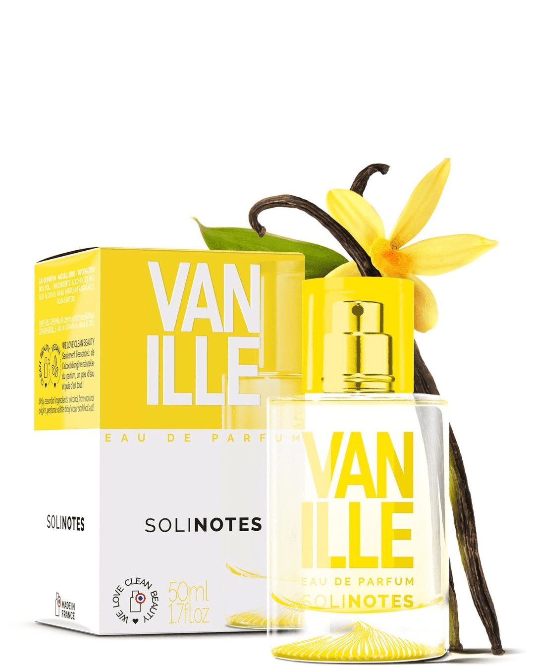 Vanilla Eau de Parfum by SOLINOTES displayed with its yellow and white packaging, vanilla beans, and yellow flower, representing cupcake-inspired perfumes.