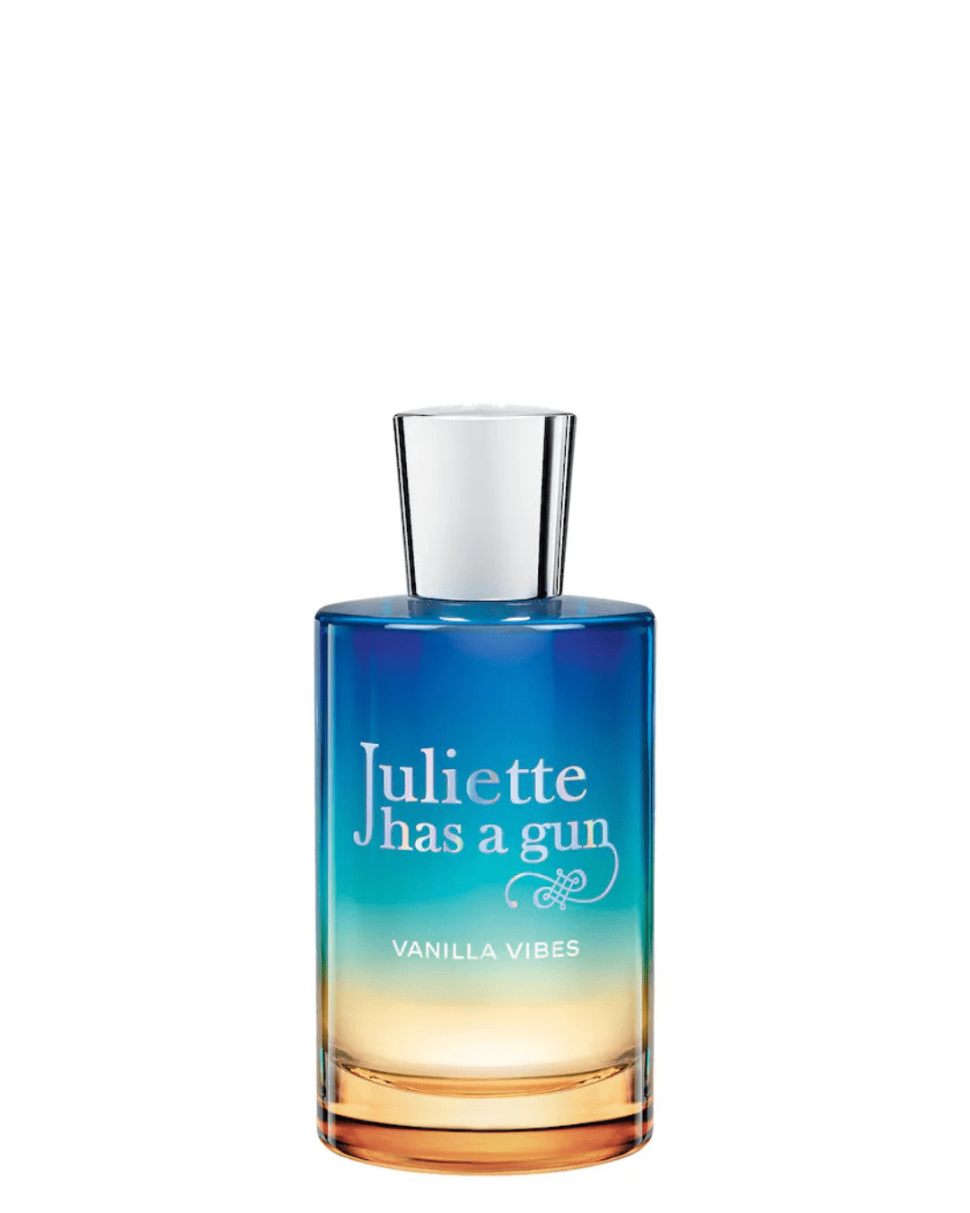 Juliette Has a Gun Vanilla Vibes perfume bottle on a white background, a sweet and warm fragrance perfect for layering with ice cream perfumes.