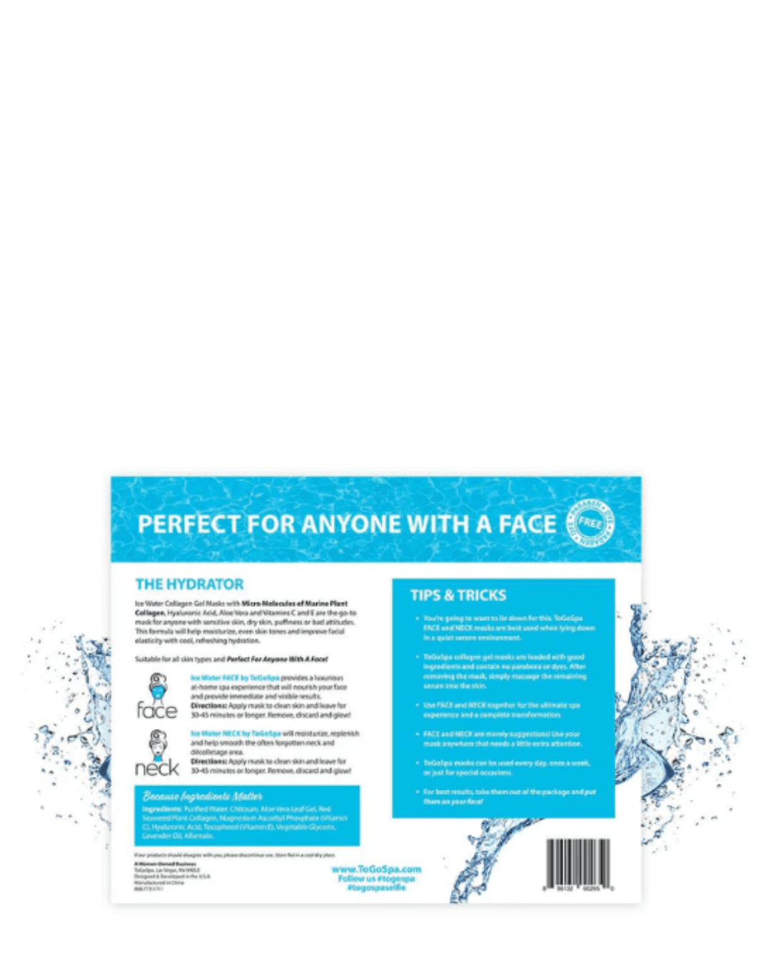 To Go Spa Ice Water FACE & NECK AKA The Hydrator packaging, back view on a white flat surface with ice and water splashes in the background.