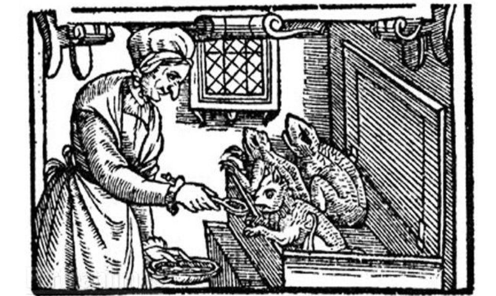 "Witches and Familiars", 1579 illustration of an older woman feeding demons, associated with early modern European witch trials.