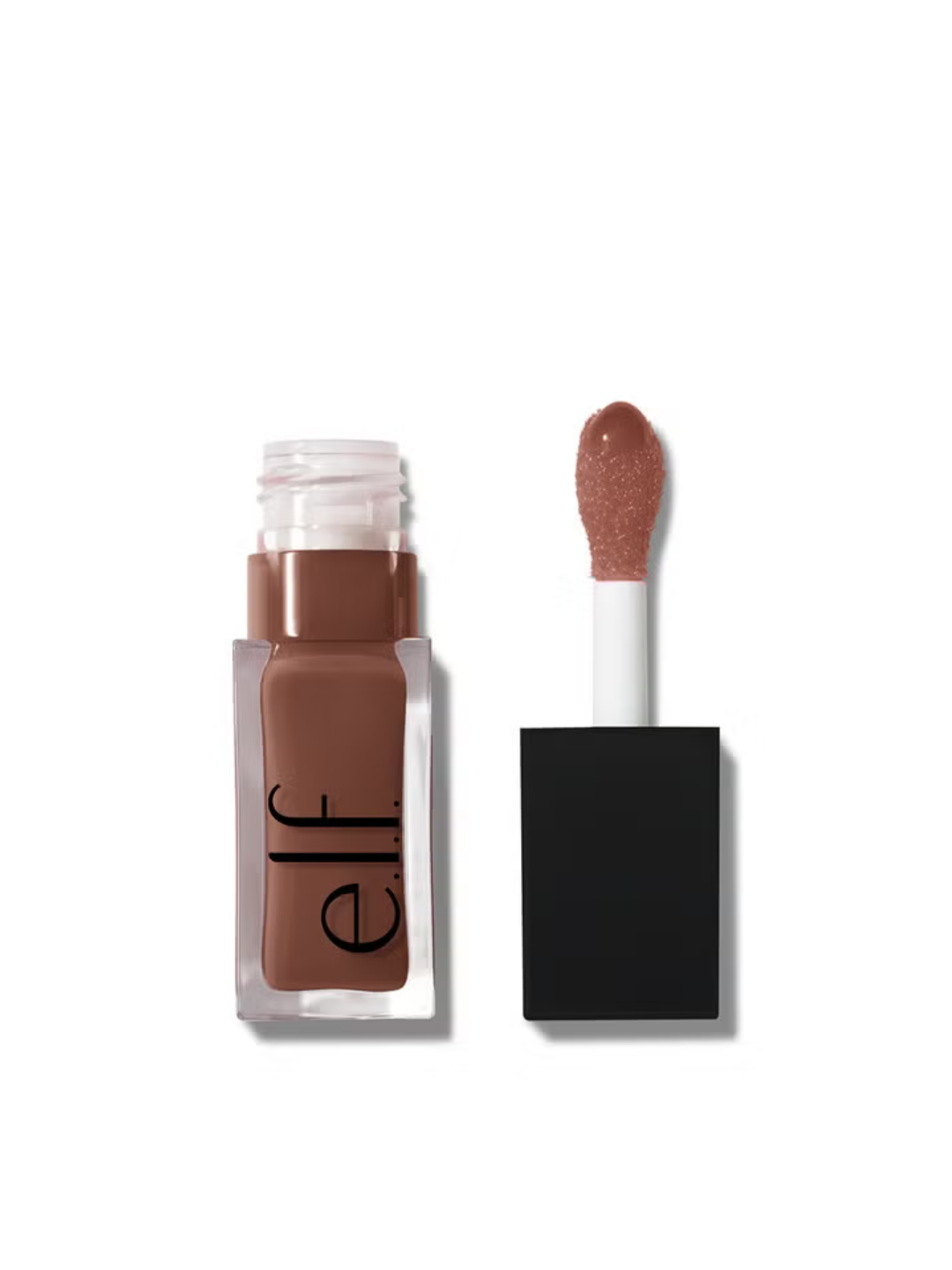 The e.l.f Cosmetics Glow Reviver Lip Oil in the shade Honey Talks on a white background with the tube standing upright and the applicator standing beside is, highlighting the doe-foot applicator and glossy formula; beauty product detail shot.