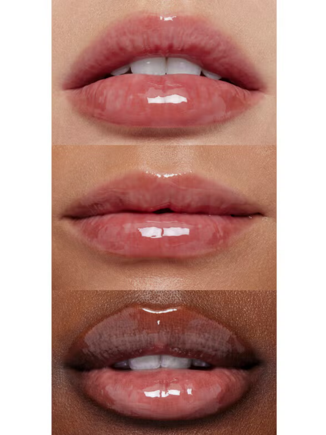 e.l.f Cosmetics Glow Reviver Lip Oil in the shade Honey Talks shown on three different skin tones, light, medium and deep-to display its universal glossy finish and warm brown shade; inclusive beauty swatch comparison.