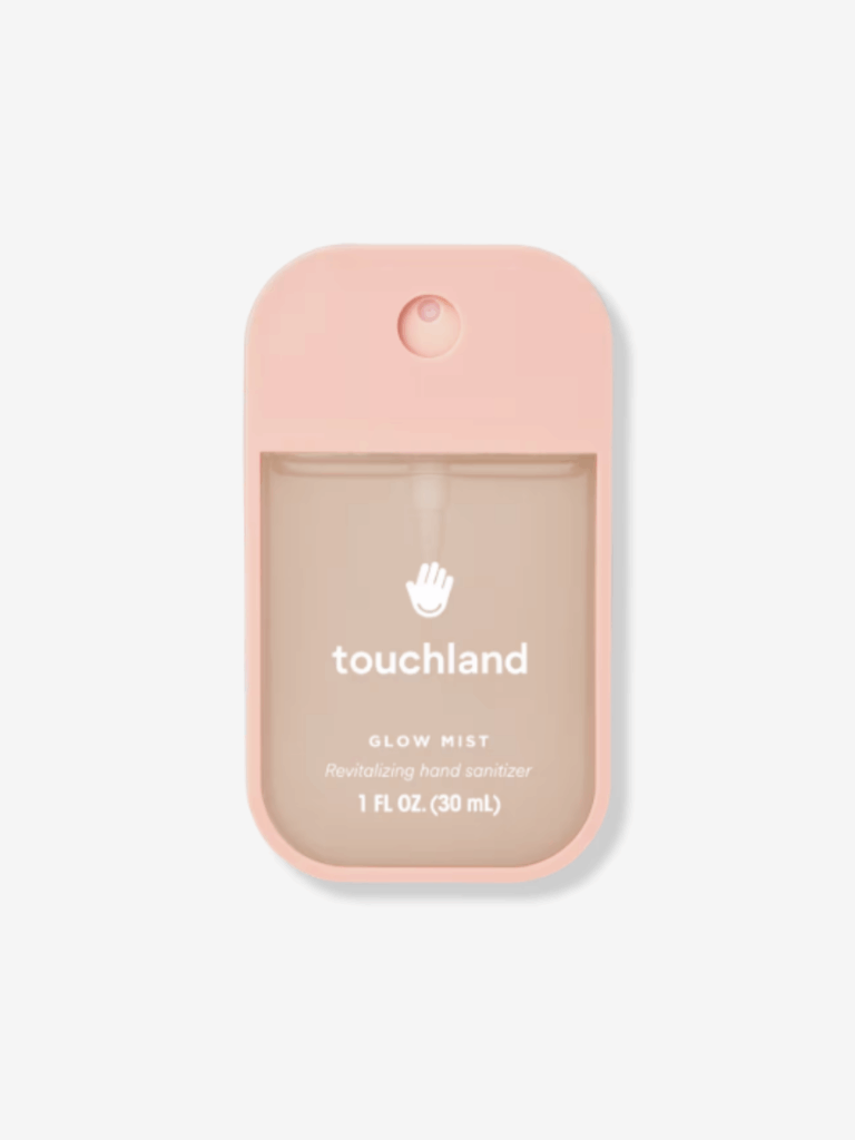 Touchland Glow Miss Rosewater Revitalizing Hand Sanitizer displayed on an off-white background, showcasing its sleek pink packaging and minimalist design.
