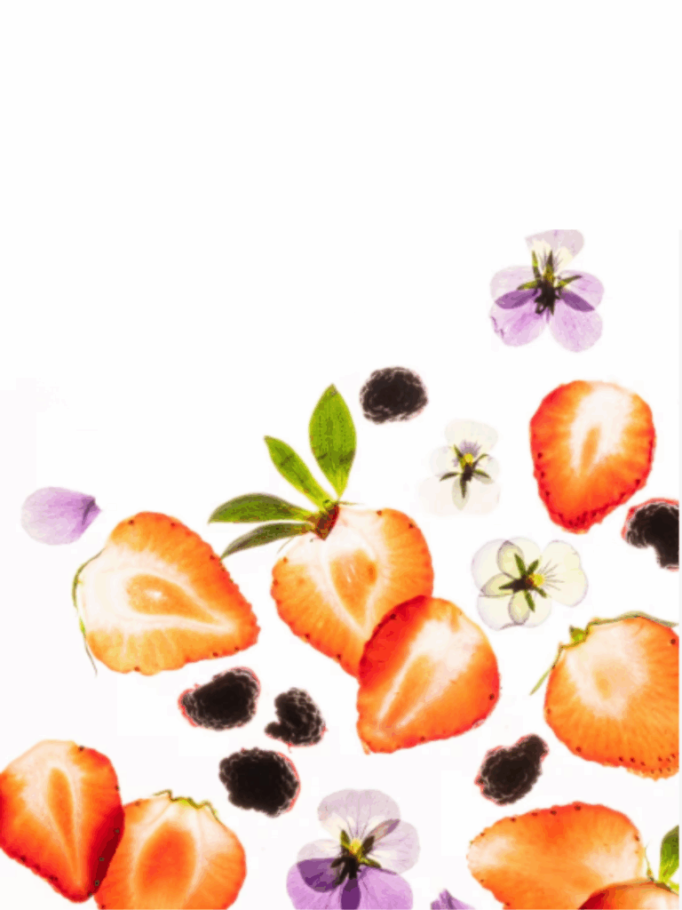 Scent profile of Touchland x Hello Kitty Power Mist Hand Sanitizer on a white background, featuring cut strawberries, watery black raspberries, and violet petals to represent the fragrance notes.