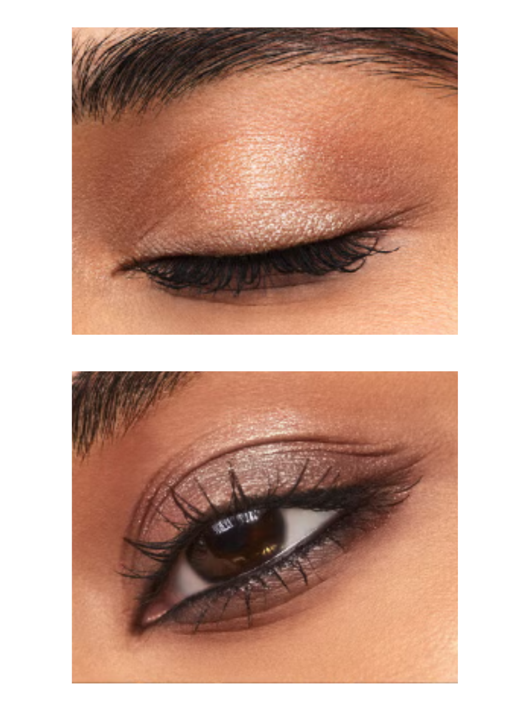 Two-part image showing e.l.f. Cosmetics Fine As Fleck Glitter Eyeshadow applied on a dark skin tone: top with eye closed to show full shimmer, bottom with eye open to show the glitter effect; beauty eye makeup swatch.