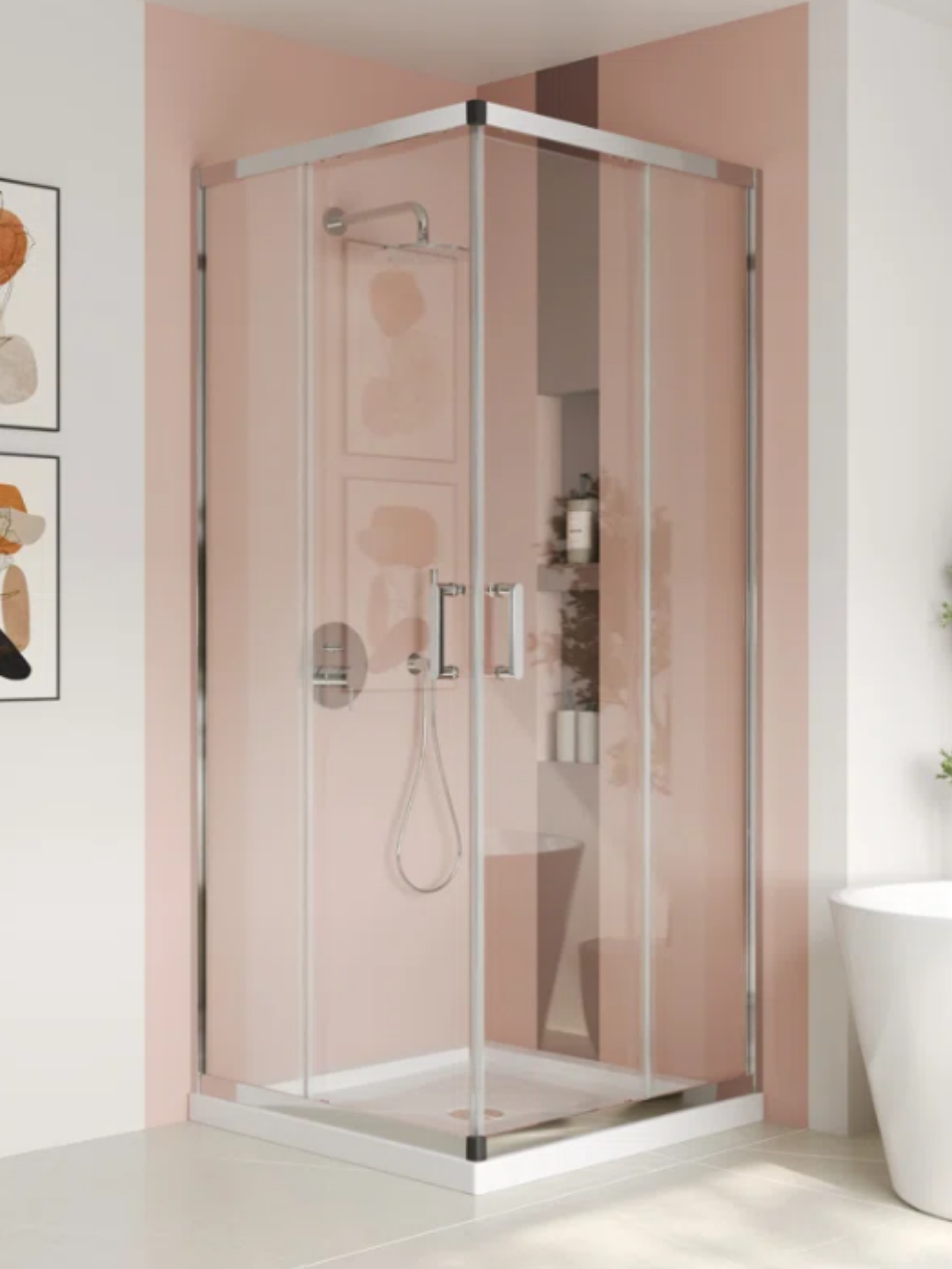 A corner shaped glass shower unit for your bathroom.