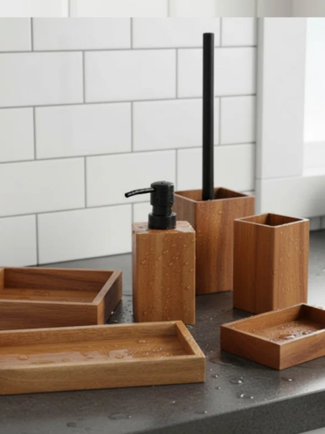 A natural wood bathroom set.