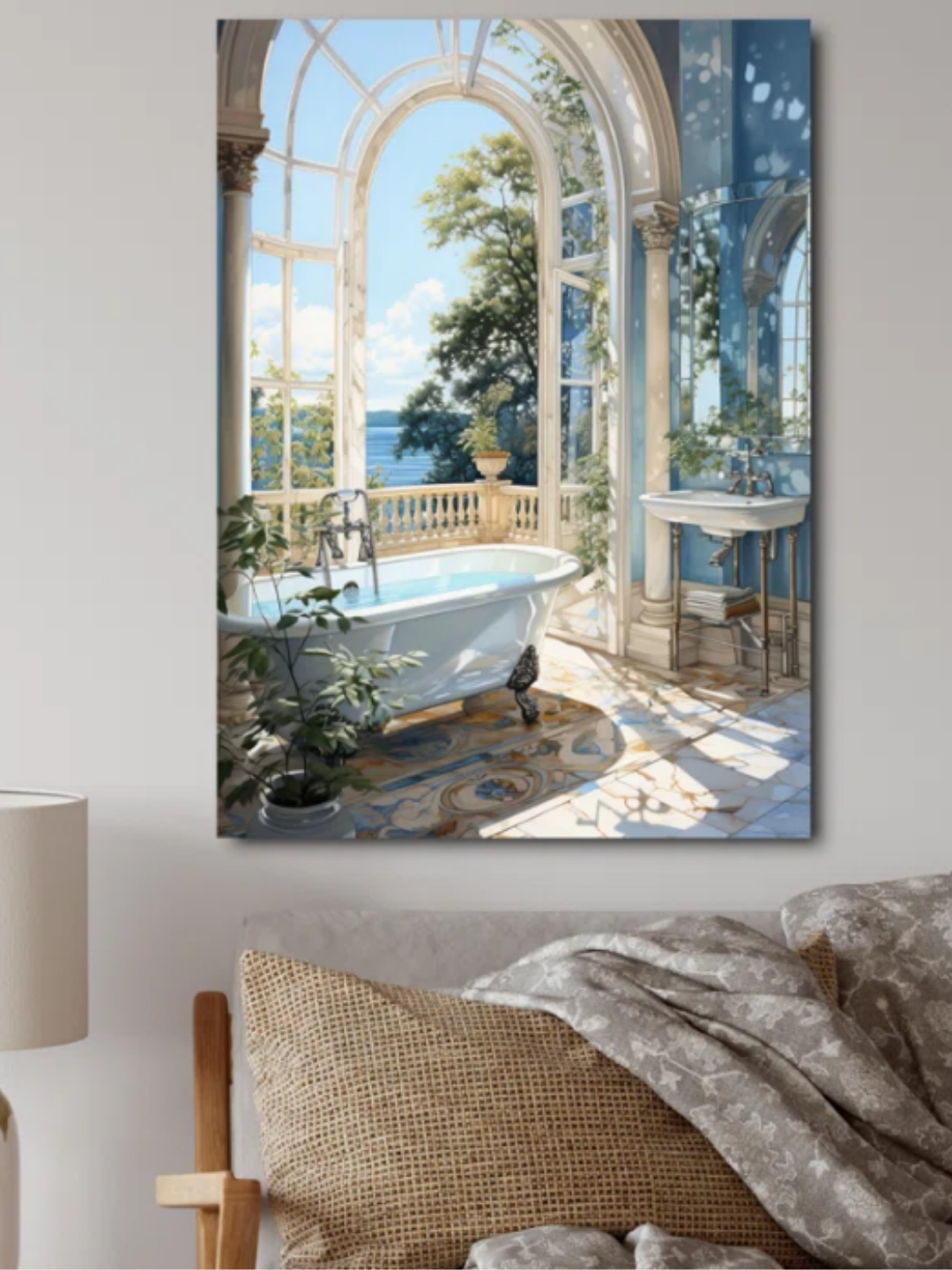 A soft realistic painting of a bathtub next to an open window overlooking a beautiful view.