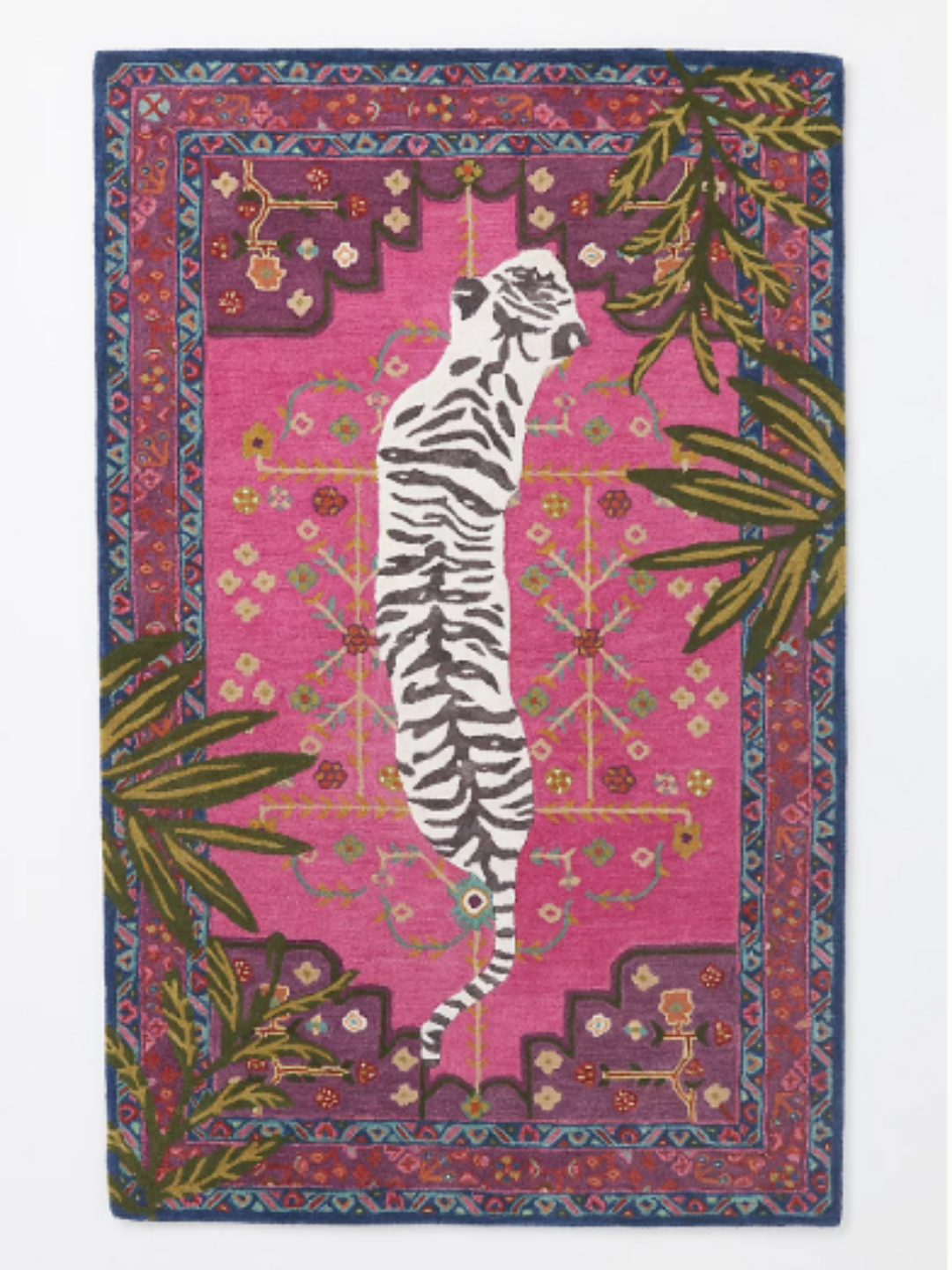 Full overhead view of a pink Bengal tiger hand-tufted wool rug featuring a detailed tiger motif, capturing the full shape and vibrant pattern in soft natural light.