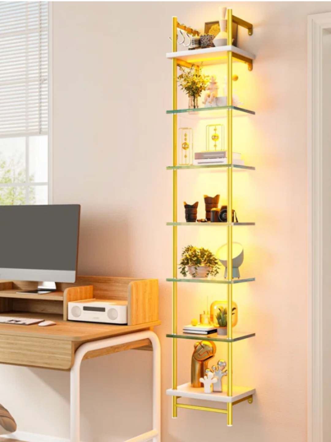 A 6-shelf organizer with LED lights in it.