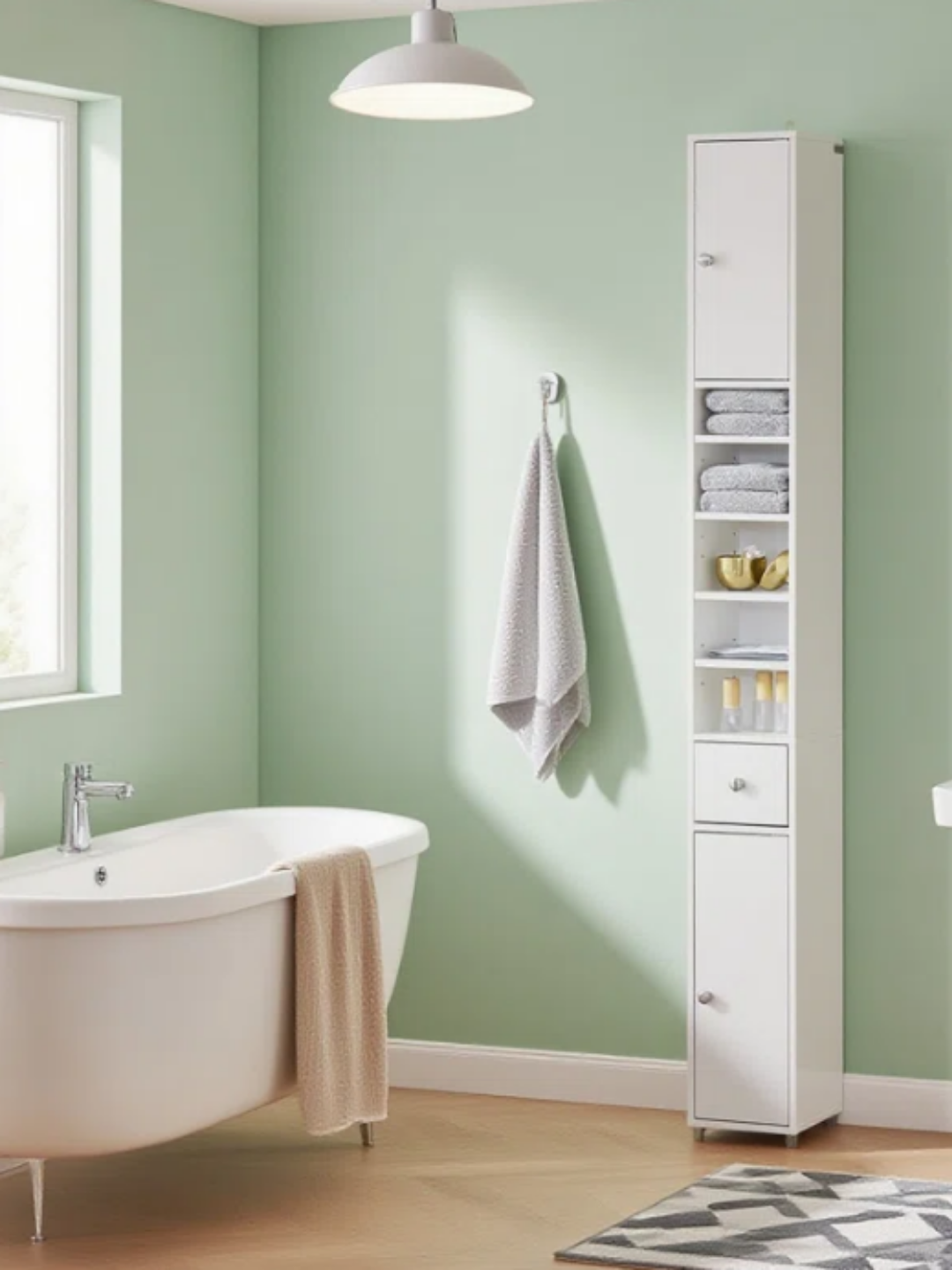 A skinny white bathroom organizer with shelves.