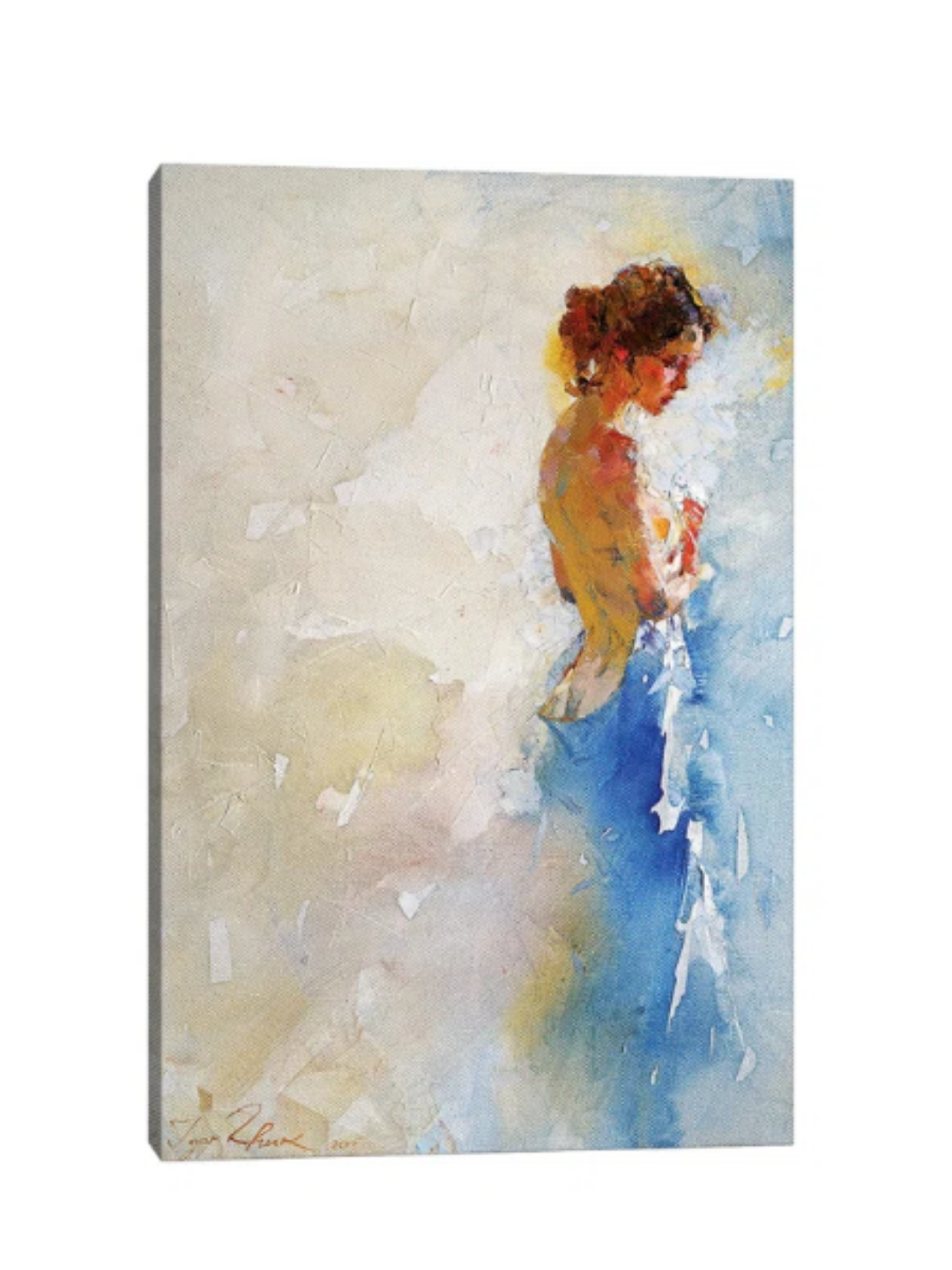 A soft impressionist type painting of a woman in a towel.