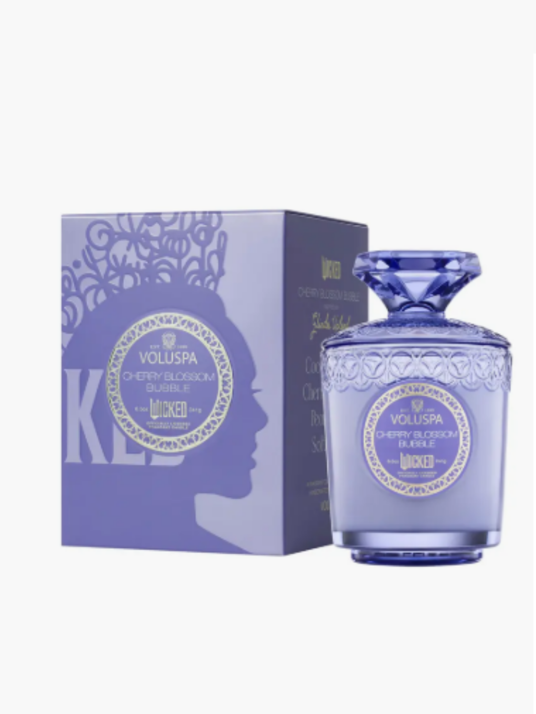 Voluspa Wicked Collection Cherry Blossom Bubble Candle and it's purple box packaging.