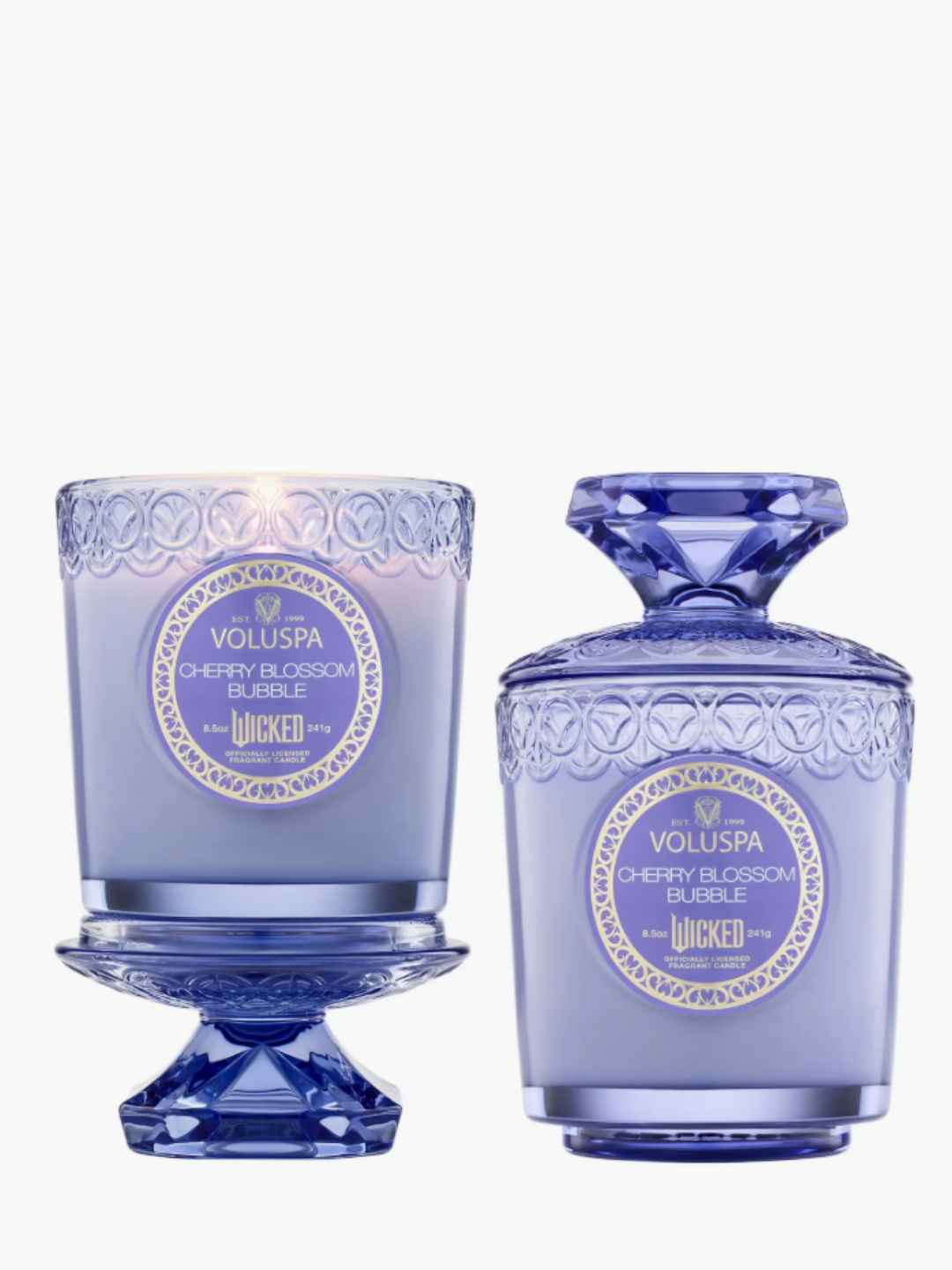 Voluspa Wicked Collection Cherry Blossom Bubble Candle shown with the lid used as a stand and as a lid.