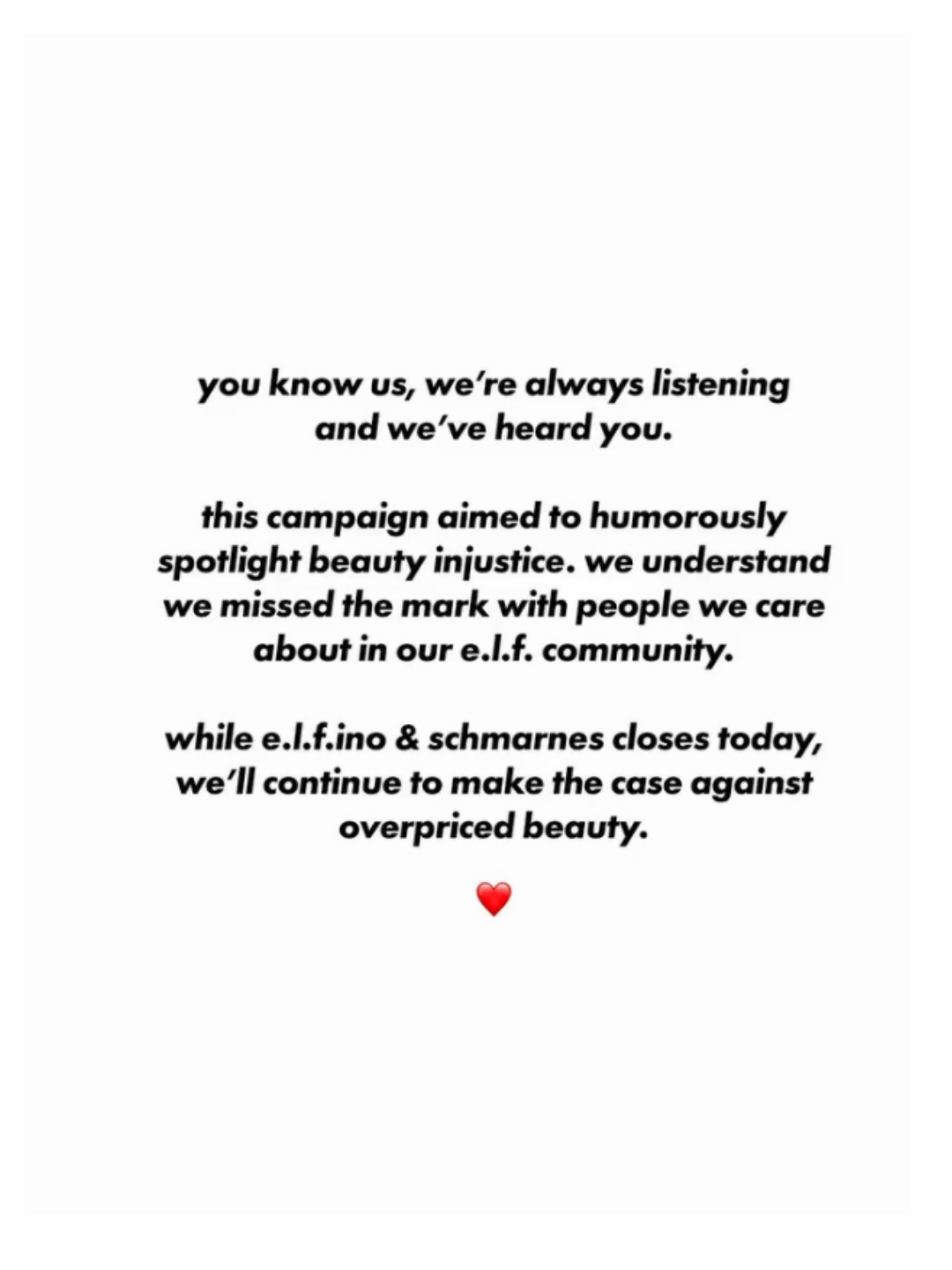 A screenshot of e.l.f Cosmetics apology statement on a plain white background with a heart symbol, referencing the brand's response to the Matt Rife beauty controversy.