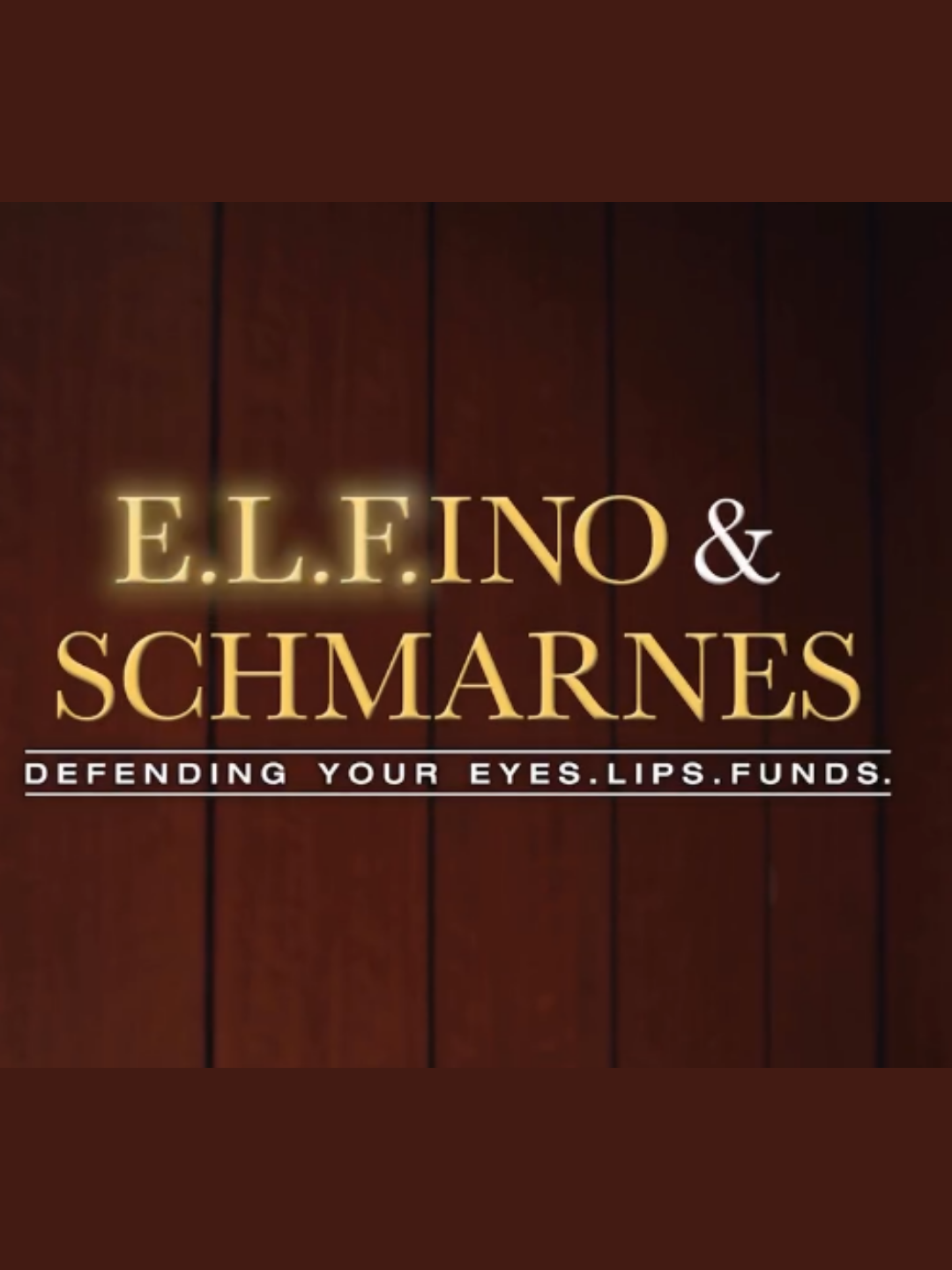 A parody law-office style graphic with wooden paneling in the background and the text "E.L.F.I.N.O & SCHMARNES, defending your eyes, lips, funds" reflecting the Matt Rife beauty controversy.