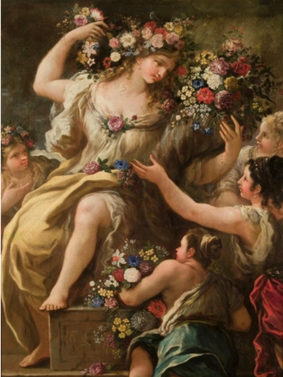 Oil painting of the goddess Flora surrounded by lush summer flowers, evoking early-season abundance and the soft, blooming energy associated with the Strawberry Moon.