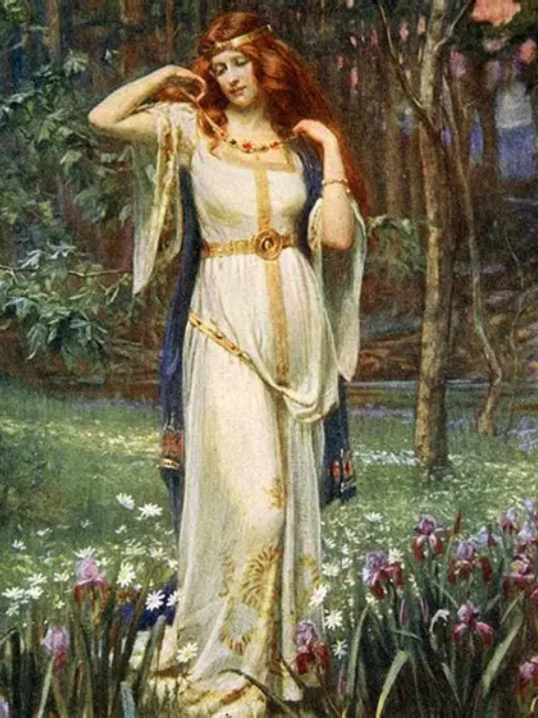 Victorian painting of the goddess Freya wearing Brisingamen necklace, illuminated in warm golden light that mirrors the ripening, early-summer glow of the Strawberry Moon season.