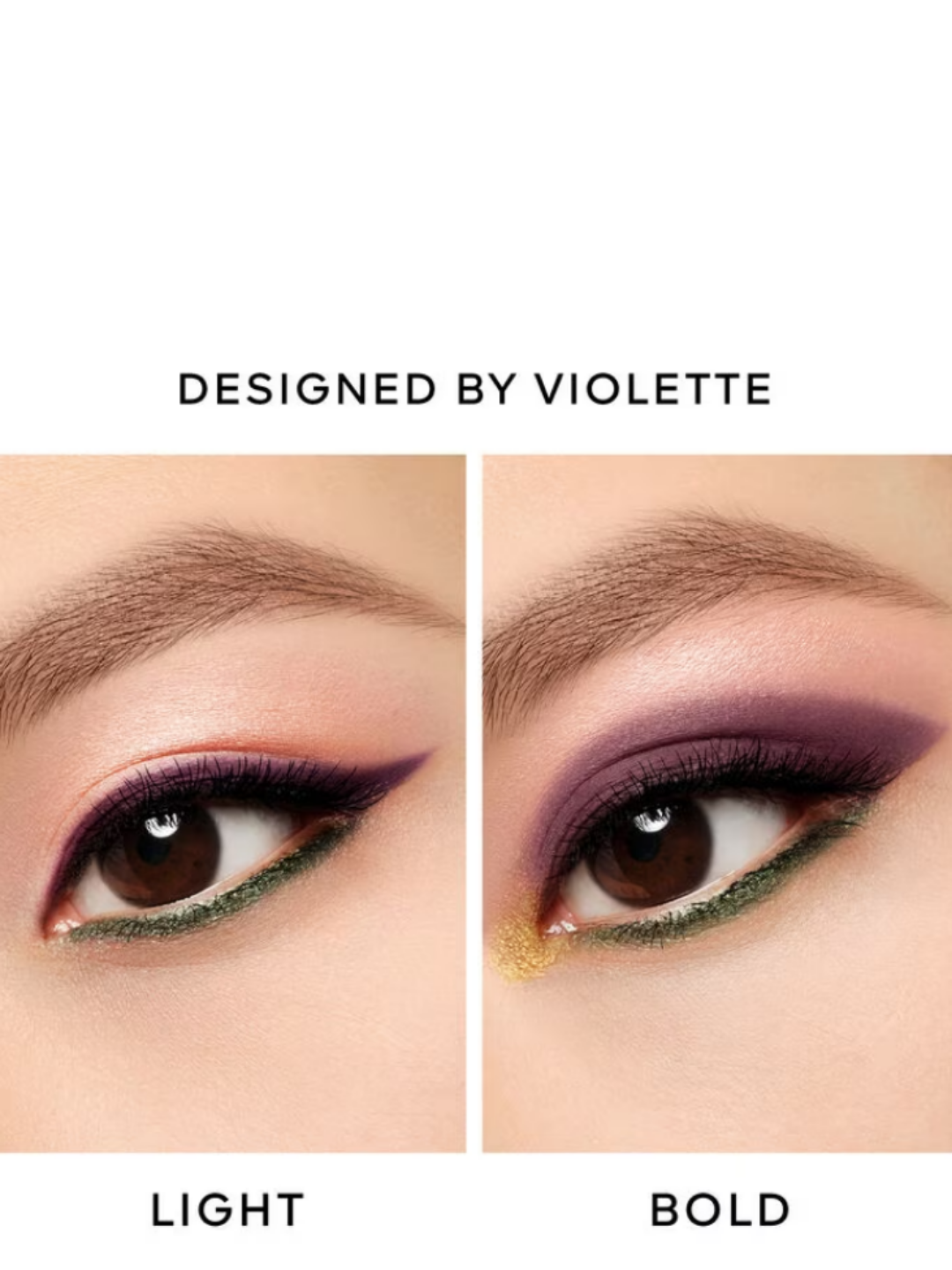 Asian model wearing Guerlain G879 glittery Tiger eyeshadow from the 2023 holiday collection, shown in two makeup looks: one soft and subtle for everyday wear, and one bold, dramatic eye look highlighting the palette's shimmering green, purple, gold, and pink shades.