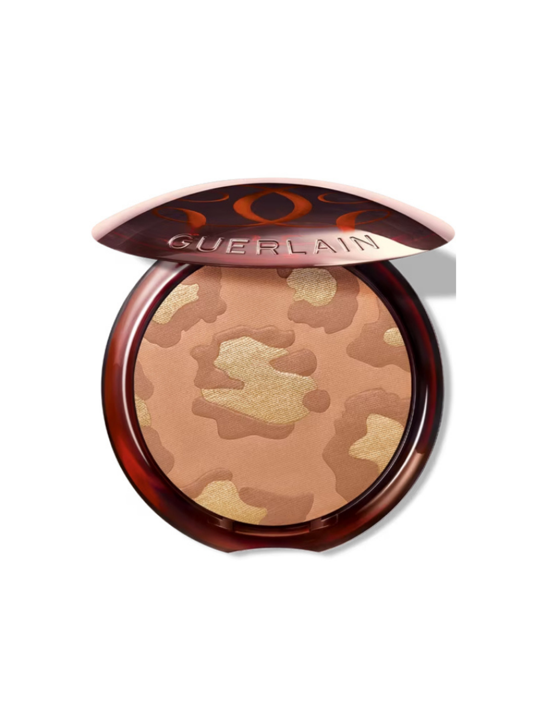 Guerlain Terracotta Gold Leopard Bronzer photographed open on a clean white background, highlighting with leopard-patterned bronzing powder and compact design.