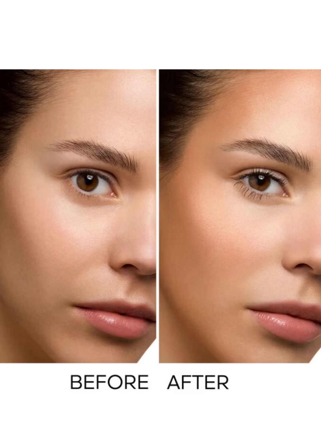 Before-and-after image of a model wearing Guerlain Terracotta Gold Leopard Bronzer, showing natural-looking warmth and definition after application, paired with subtle mascara for a finished look.