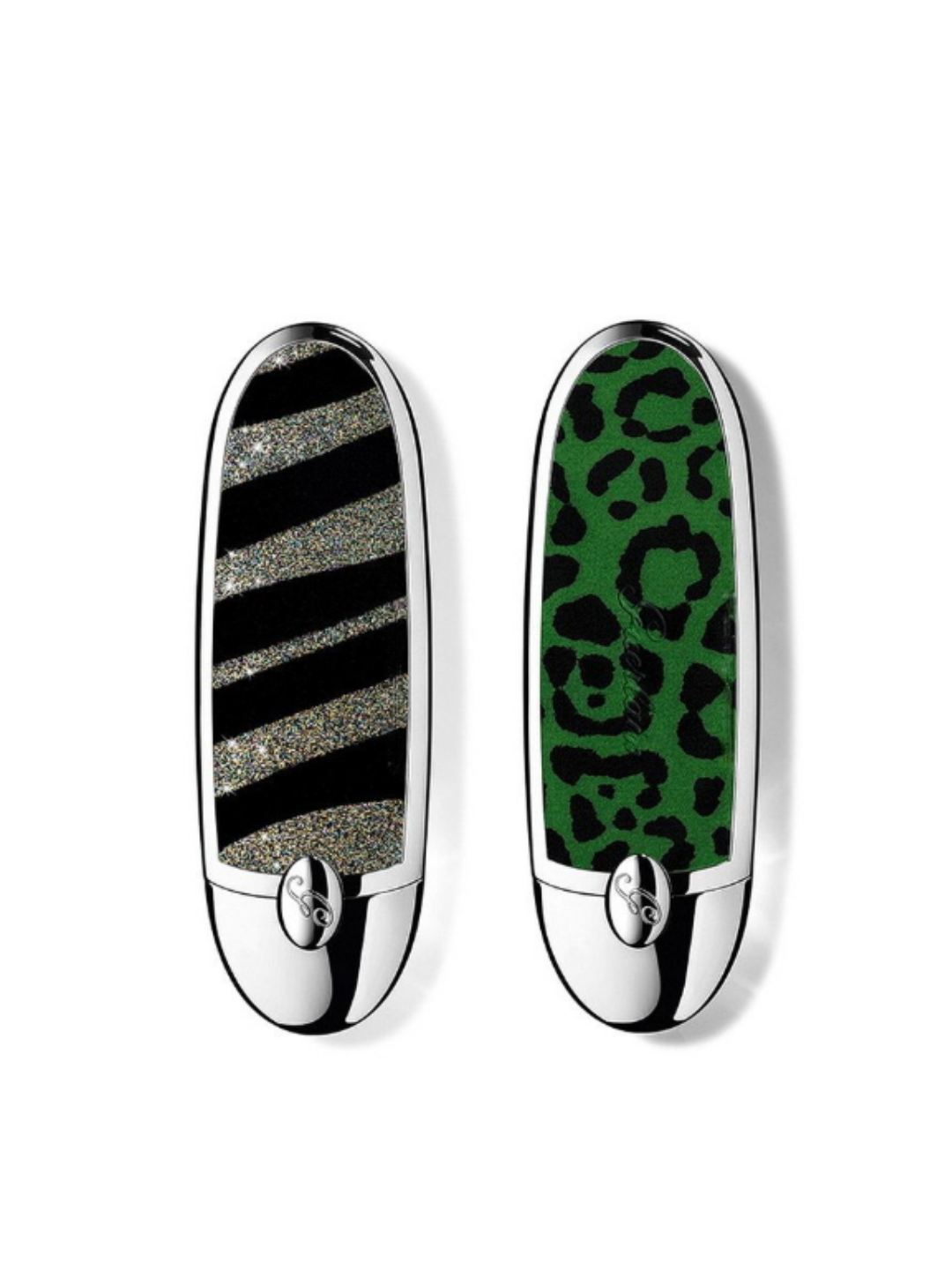 Guerlain Rouge G Fantasy Bestiary lipstick cases shown side by side, featuring two design options: a glittery zebra-print case with black stripes and metallic silver accents, and a green case with black leopard print inspired by the holiday collection.