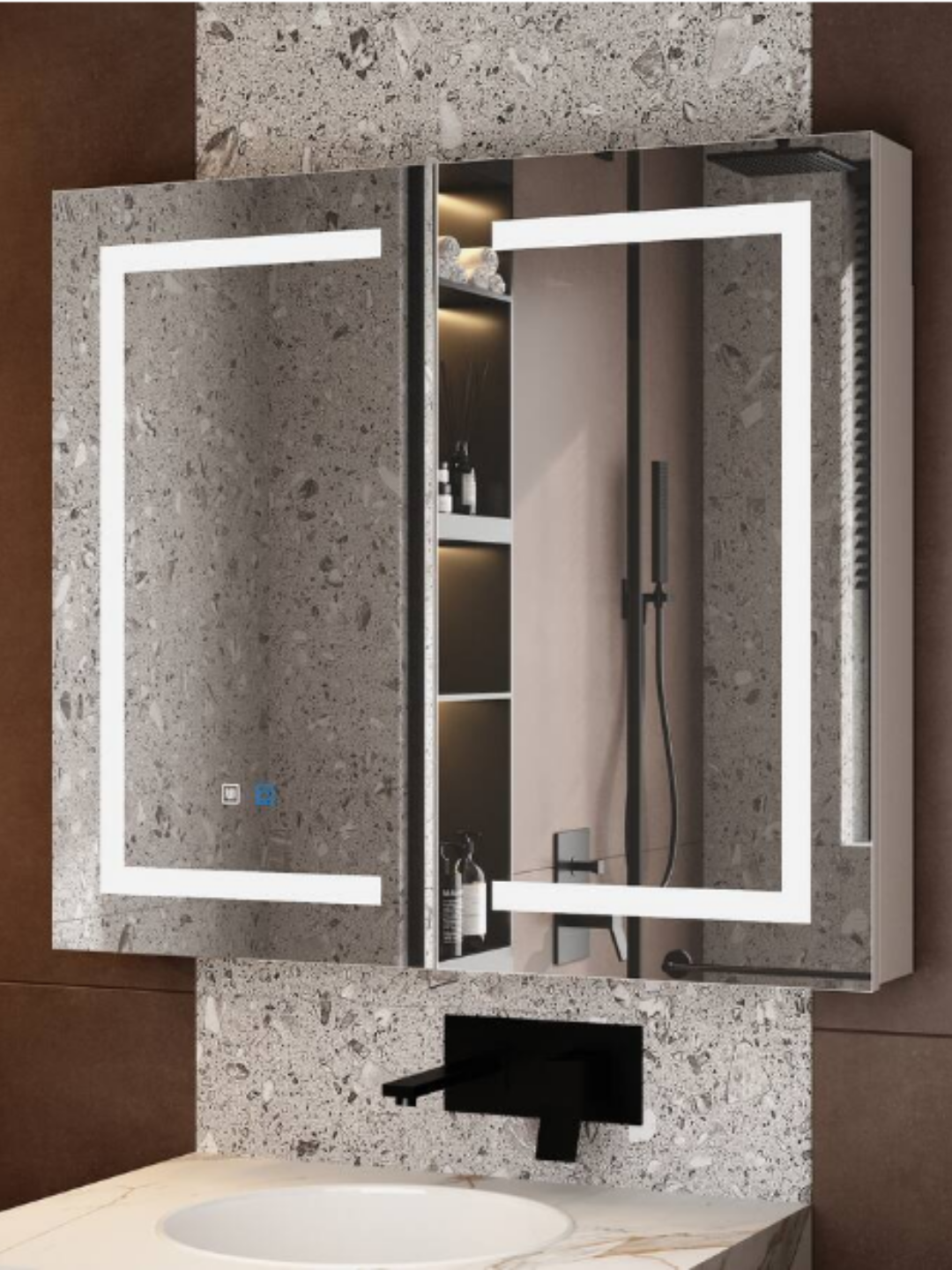 Famapy - Smart Bathroom Mirror Cabinet with LED Lighting, Anti-Fog, Hidden Storage & Modern Vanity Design hung up on the wall.