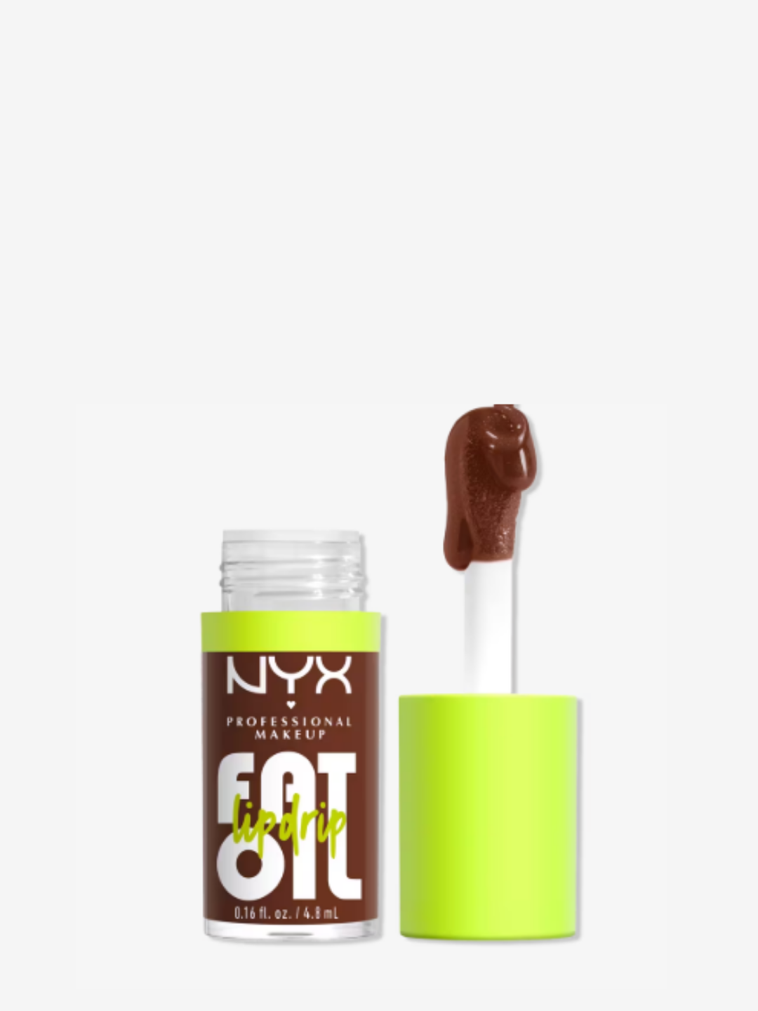 NYX Fat Oil Lip Drip in "Living the Cream' on a white flat surface, with the tube standing upright and the applicator lying beside it coated in lip oil, highlighting the rich texture and gloss; beauty product detail shot.