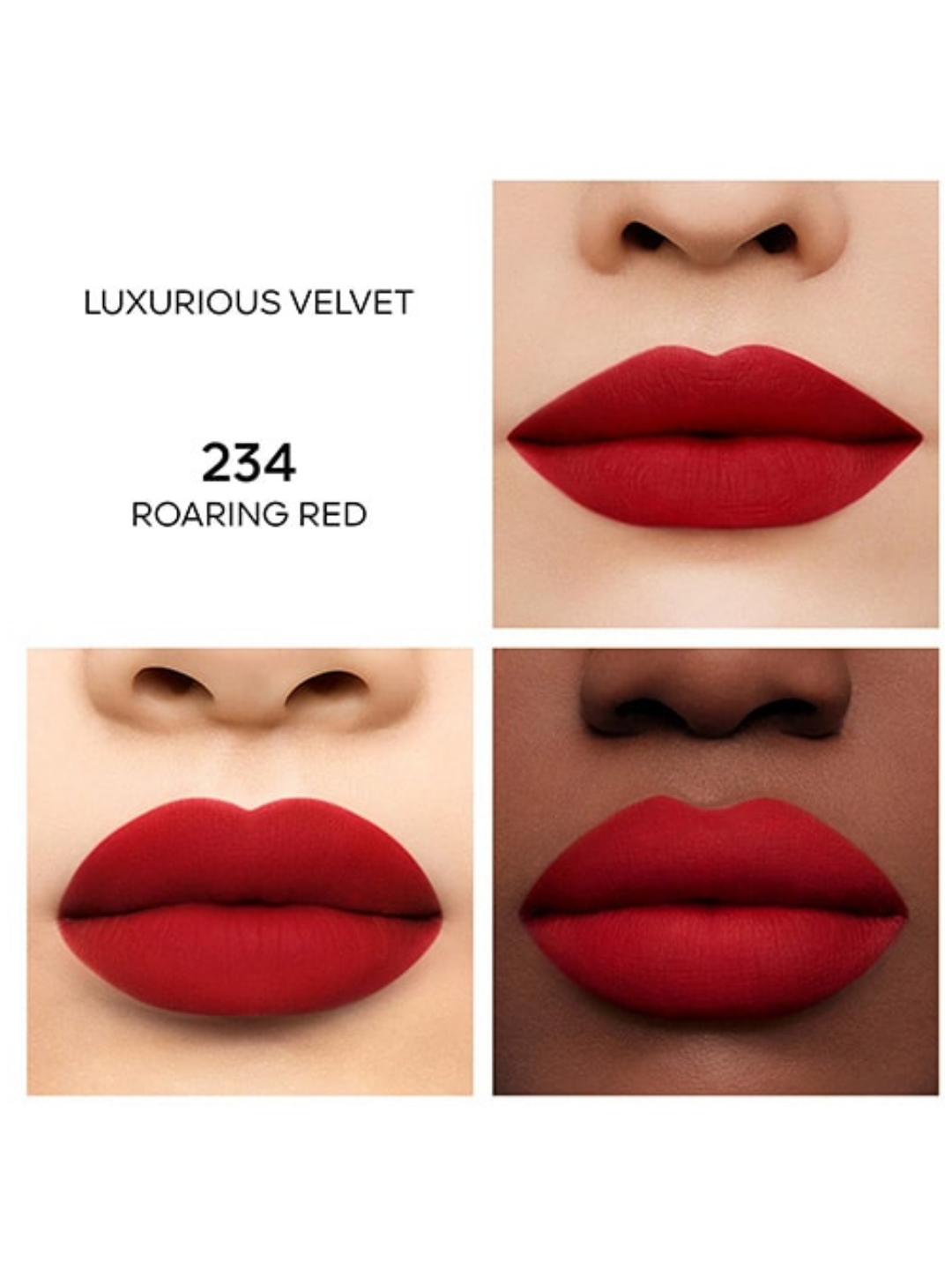 Guerlain Luxurious Velvet lipstick shade 234 Roaring Red shown in a four-panel image. The top left panel displays the shade name and finish, while the remaining panels show the bold lip colors worn on light, medium, and deep skin tones.