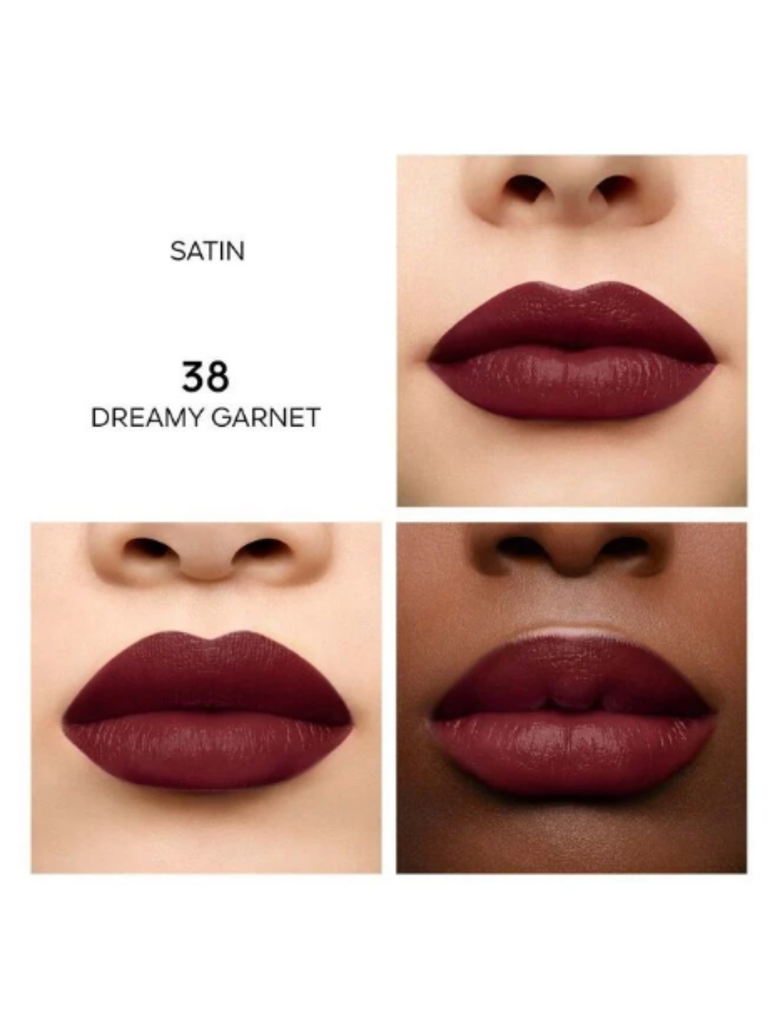 Guerlain Satin lipstick shade 38 Dreamy Garnet displayed in a four-panel layout. The top left panel identifies the satin finish and shade name, while the remaining panels show the garnet lip color on light, medium, and deep skin tones.