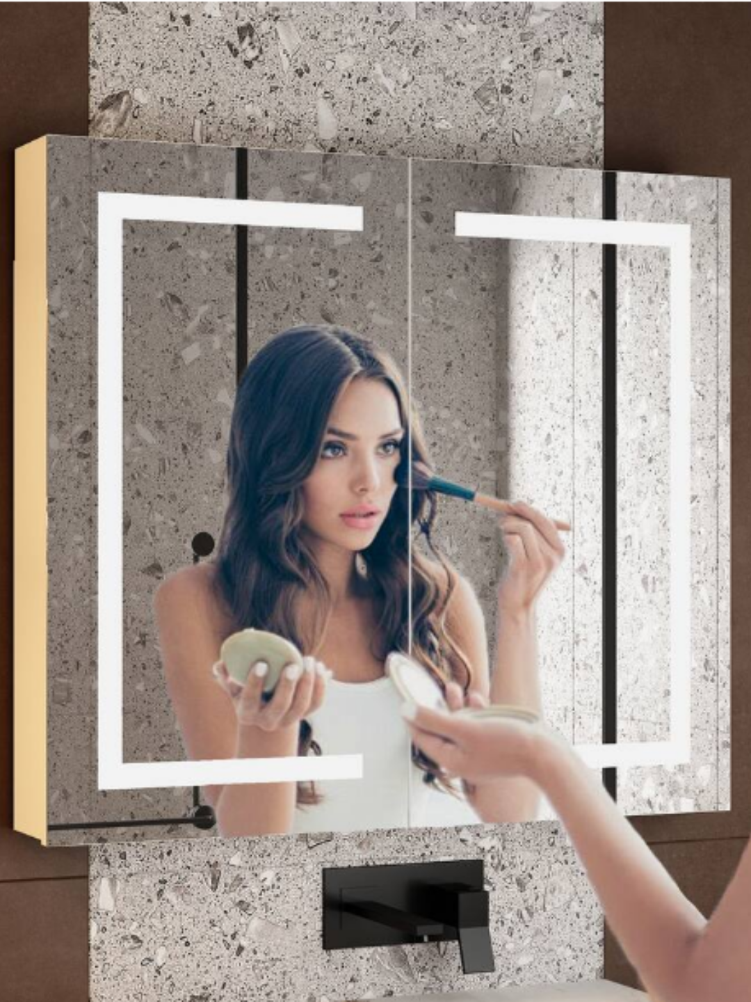 Famapy - Smart Bathroom Mirror Cabinet with LED Lighting, Anti-Fog, Hidden Storage & Modern Vanity Design with a woman doing her makeup in the mirror.